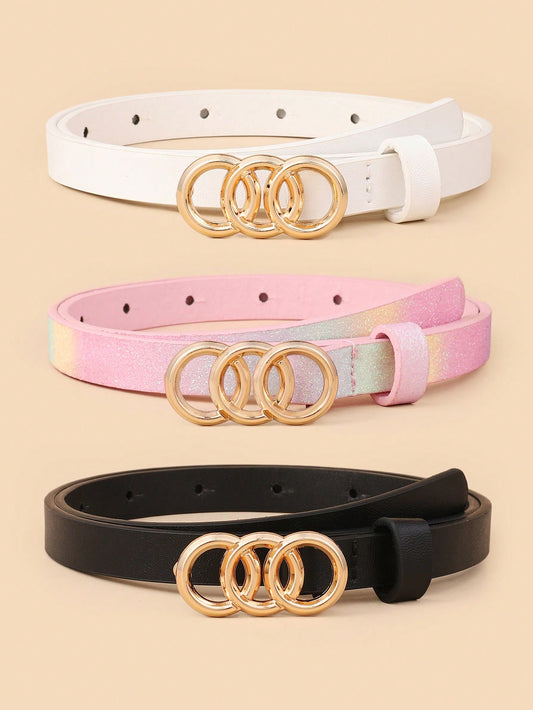 Set Of 3 Kids' Belts With Three Loop Buckle And Pu Material, Perfect For Jeans