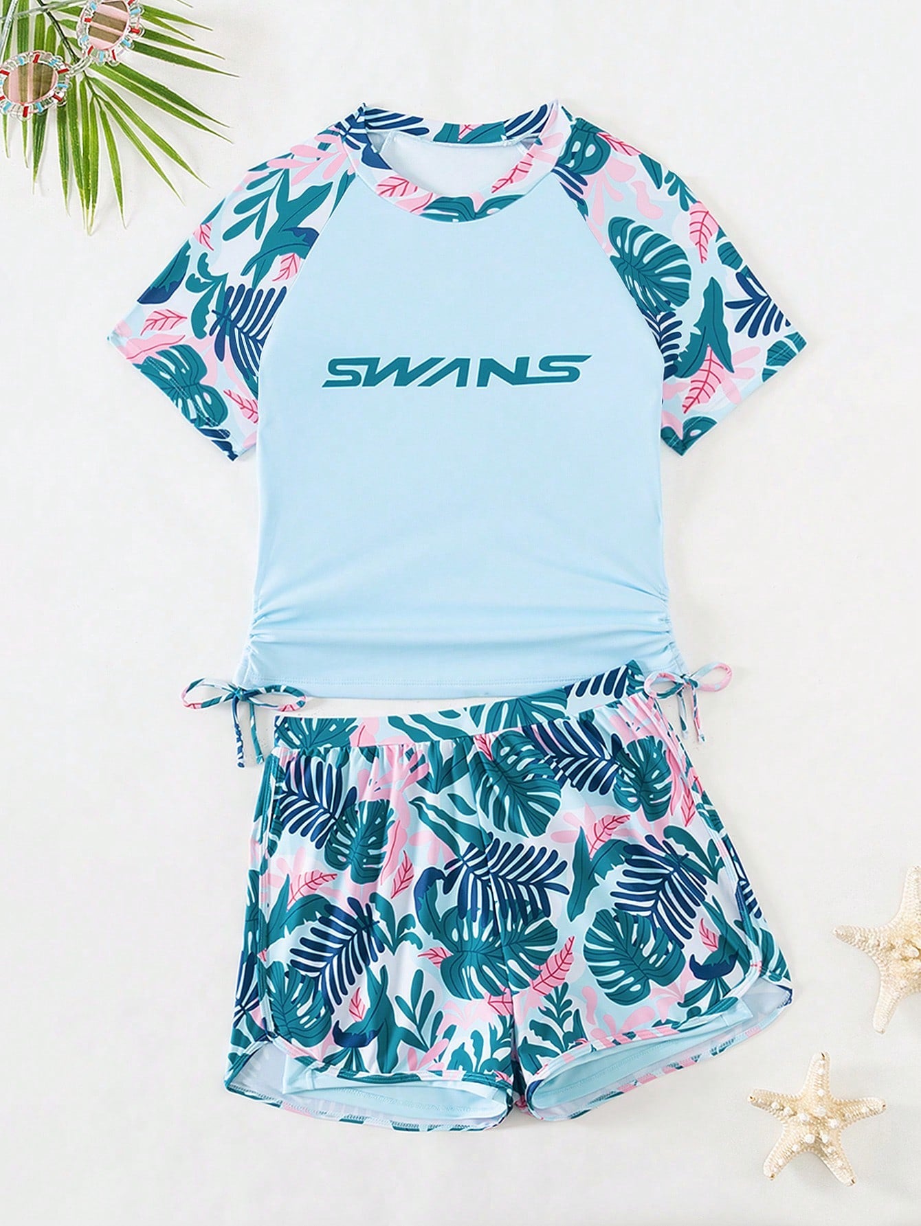 Teenage Girls' Tropical Plant Printed Raglan Short Sleeve Bikini