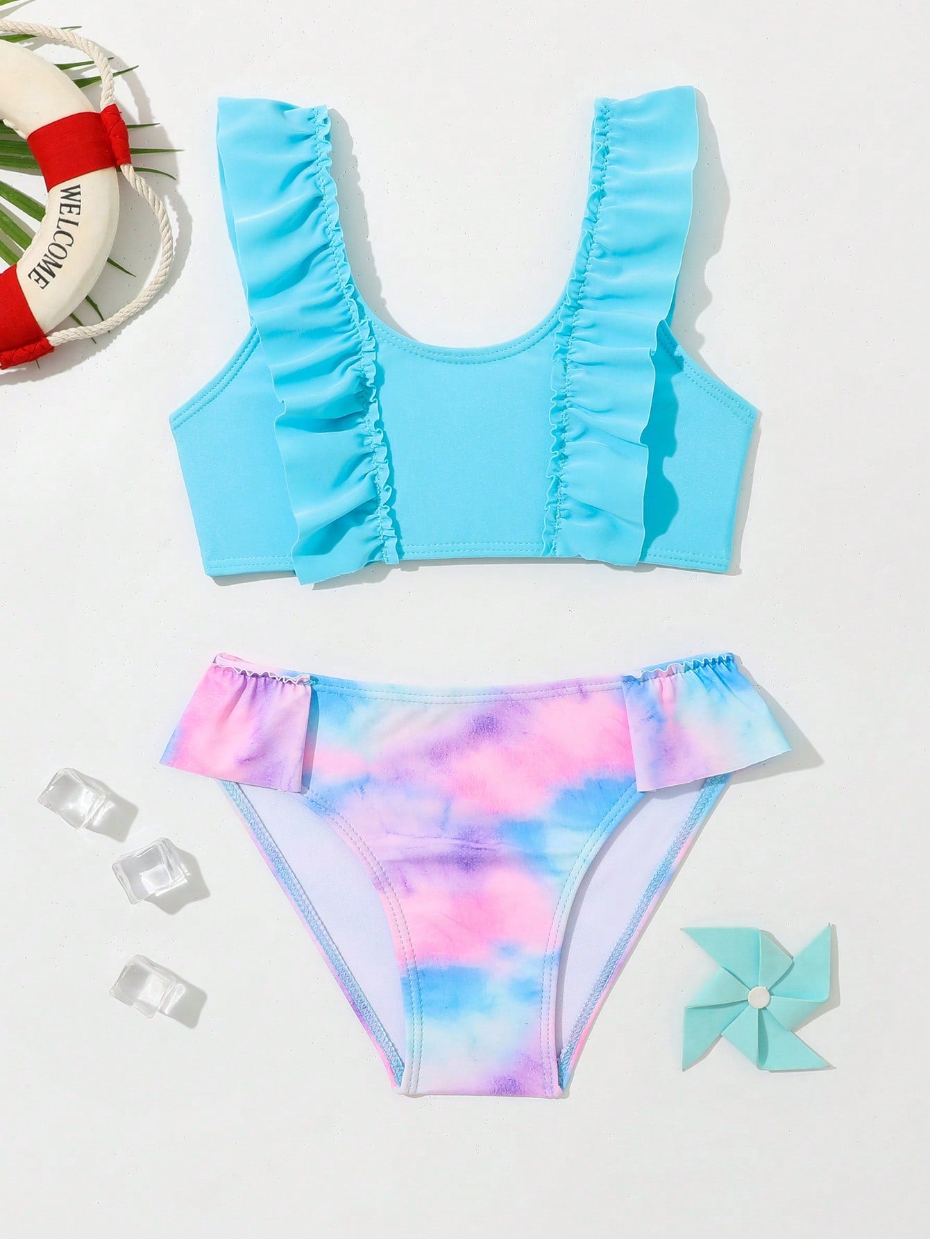 Young Girl Random Tropical Print Ruffle Trim Bikini Set Summer Beach