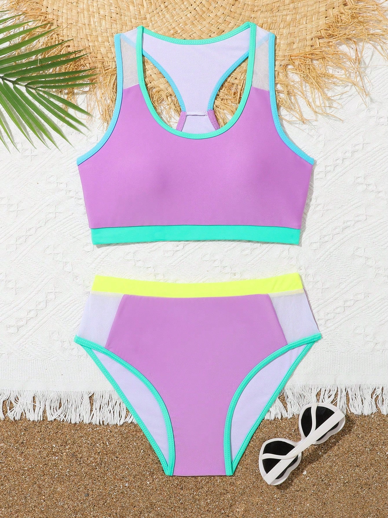 Tween Girl Colorblock Contrast Binding Bikini Set Summer Beach