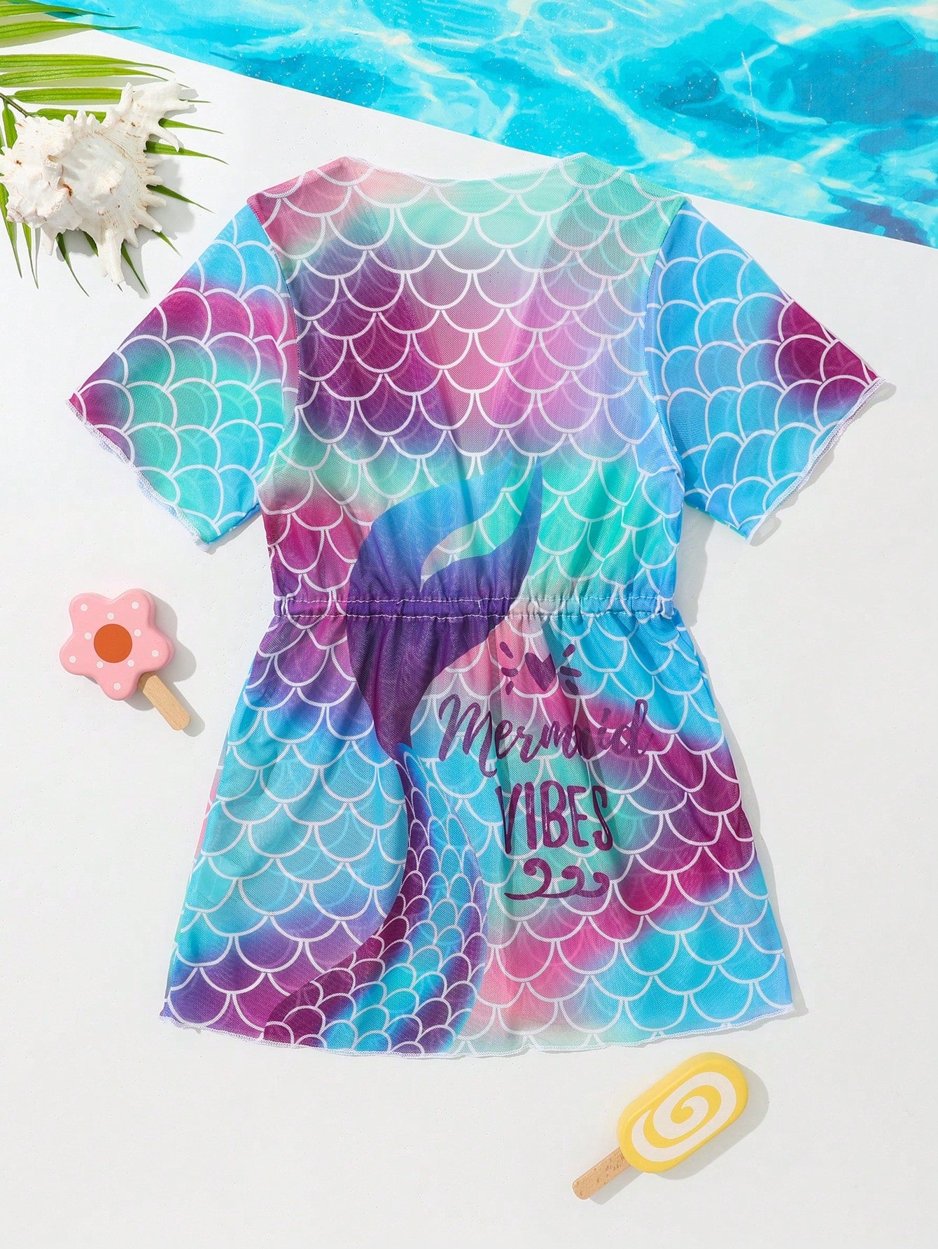 Young Girl 1pc Cute Mermaid Tail Fish Scale Tie-Dye Alphabet Mesh Comfortable Breathable Cover Up Sun Protection For Summer