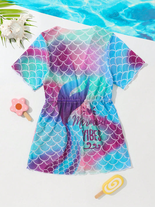 Young Girls' Fish Scale & Letters Print Drawstring Waist Kimono