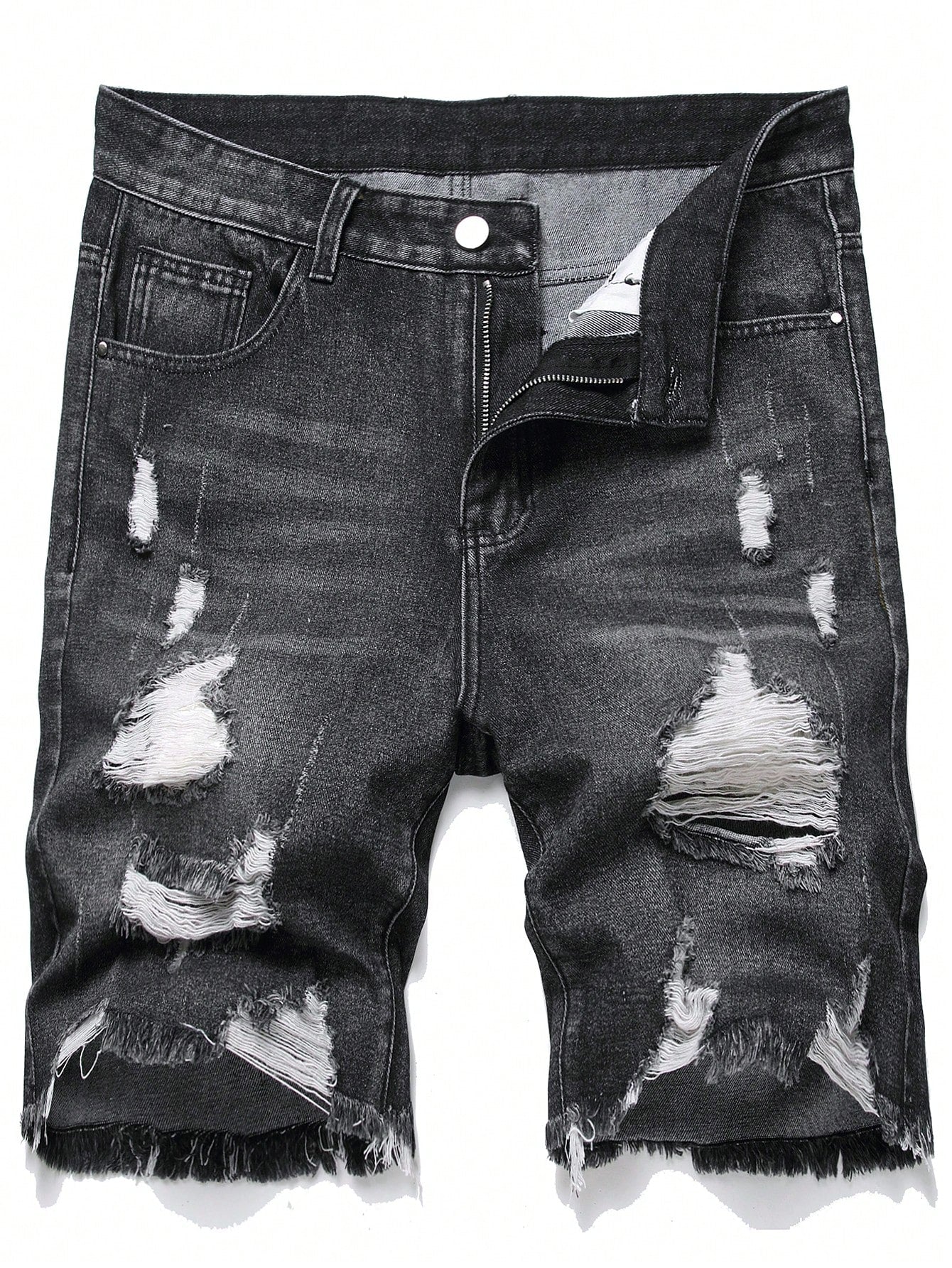 Men's Solid Color Frayed Denim Shorts With Pockets And Distressed Details, Summer