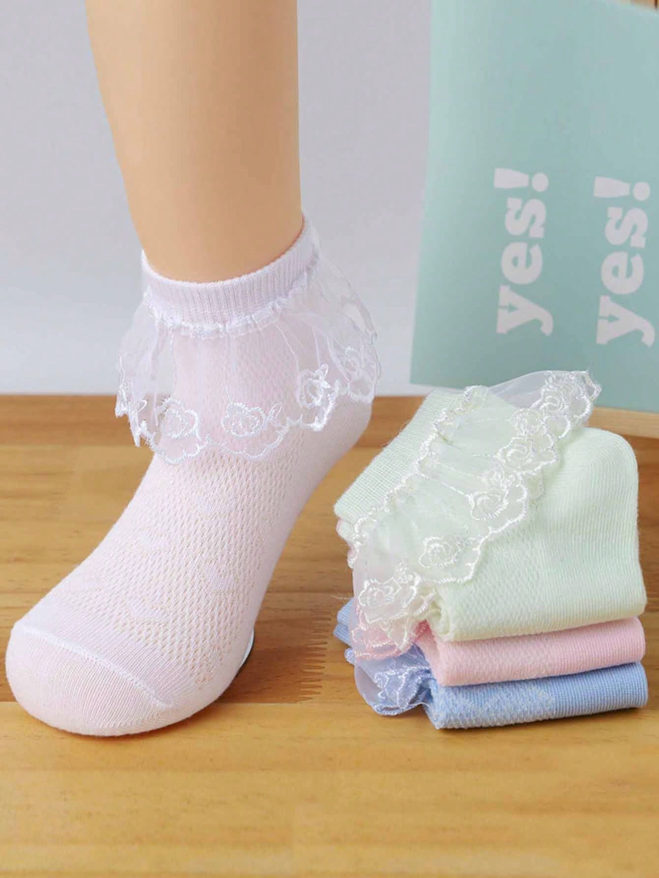 3 Pairs Solid Color Lace Princess Dance Party Socks For Children, Fashionable And Versatile