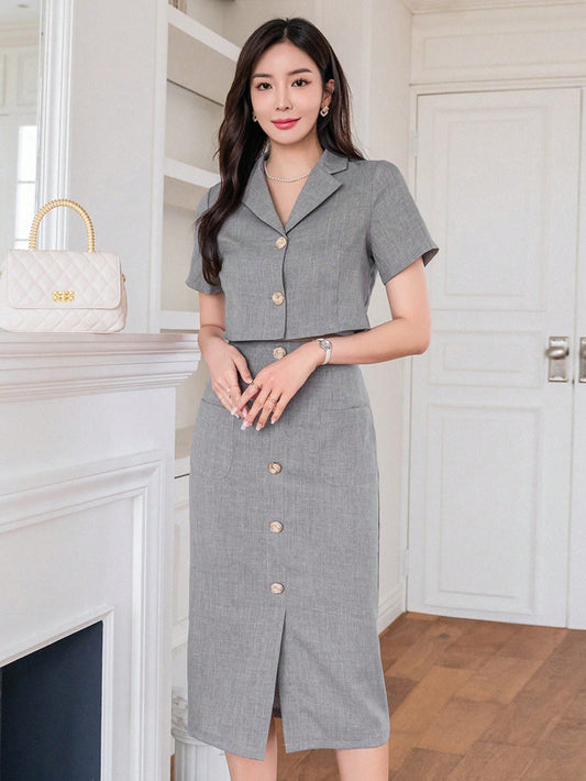 Lapel Single Breasted Short Blazer And Slit Design Bodycon Skirt Suit