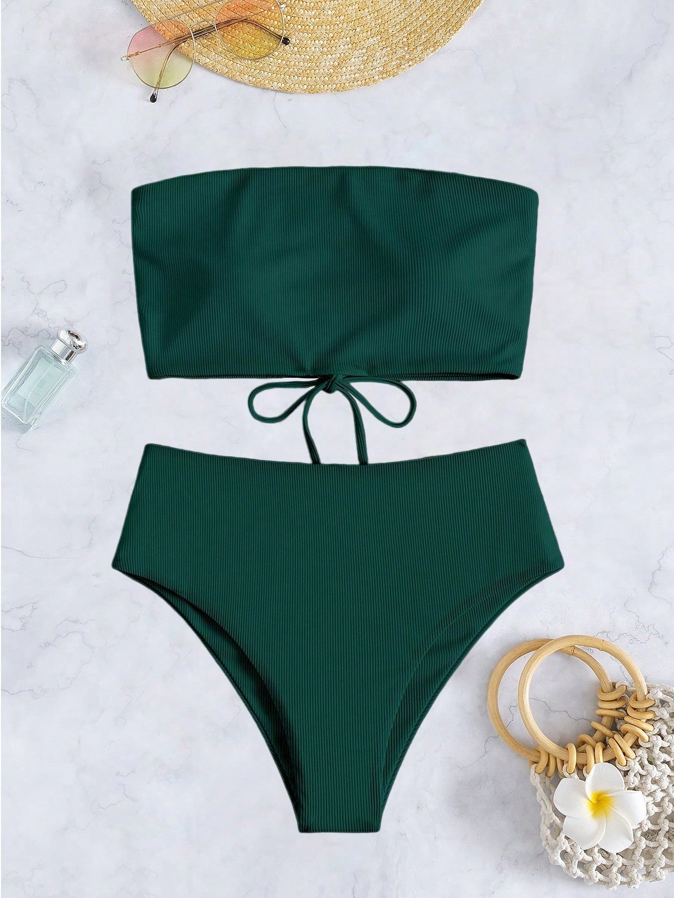 Swim Summer Beach Rib-Knit Bikini Set Lace Up Bandeau Bra Top & High Waist Bikini Bottom 2 Pieces Bikini