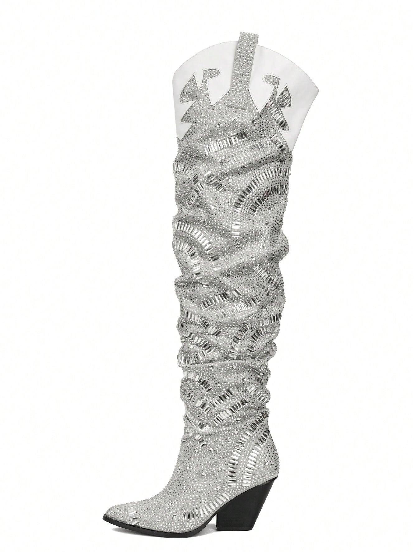 Rockka Rhineston Pointed Toe Pull On Knee High Cowboy Boots