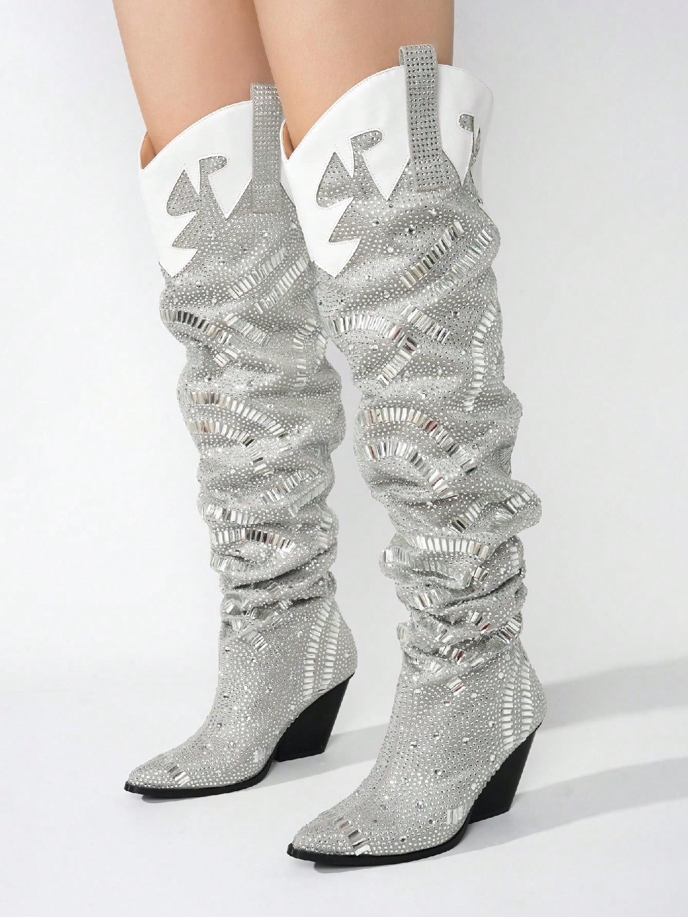 Rockka Rhineston Pointed Toe Pull On Knee High Cowboy Boots