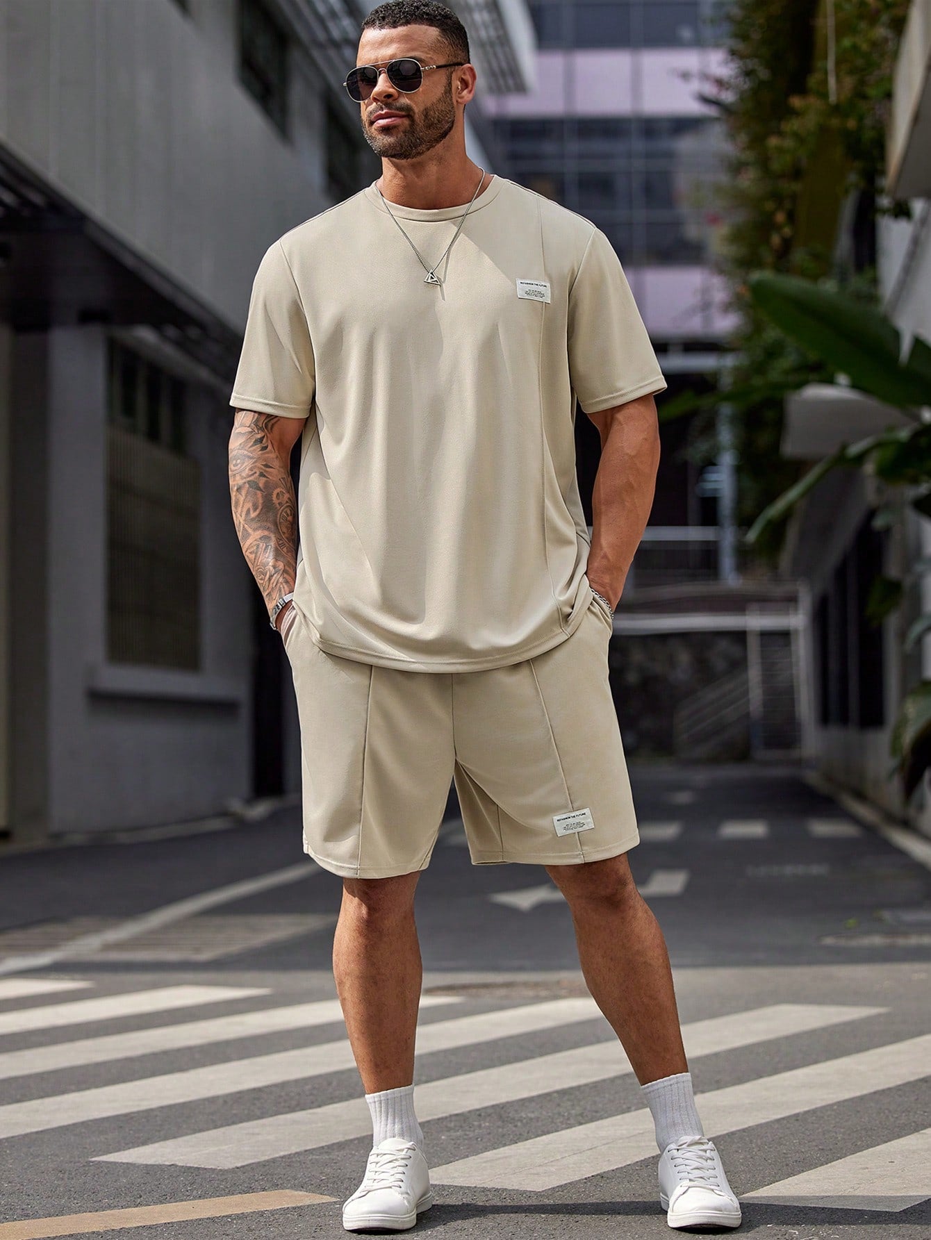 Men's Plus Size Summer Casual Fit Short Sleeve Round Neck Alphabet Logo Tee And Drawstring Waist Shorts Set