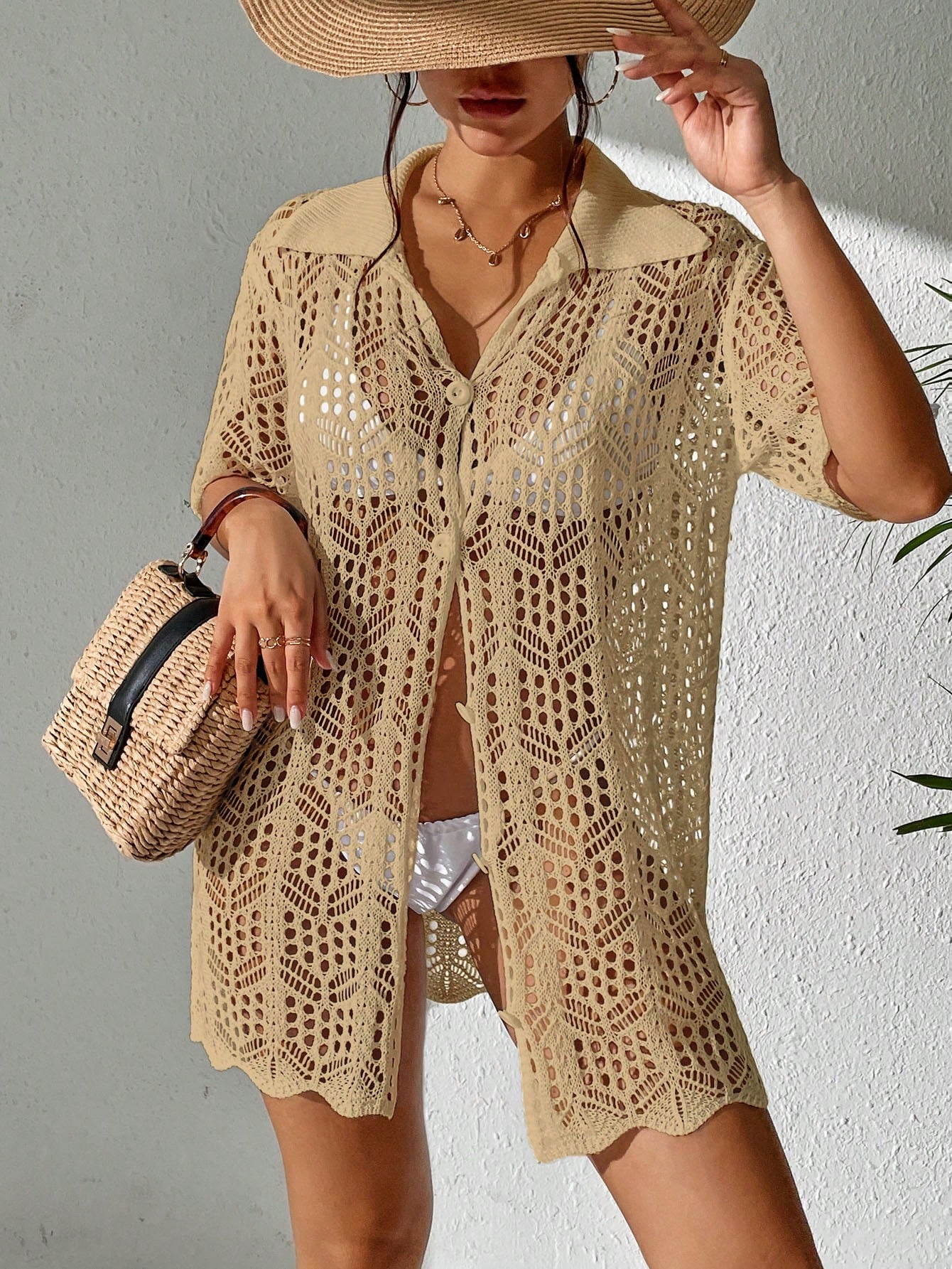 Swim Women Knitted Button-Up Short Sleeve Summer Beach Vacation Casual Kimono