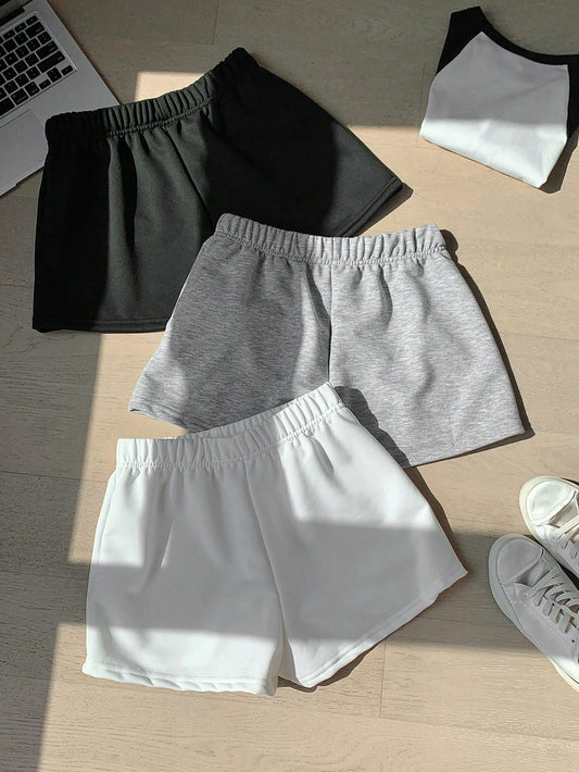 Plus-Size Ladies' Solid Color Simple Daily 3pcs Shorts Set