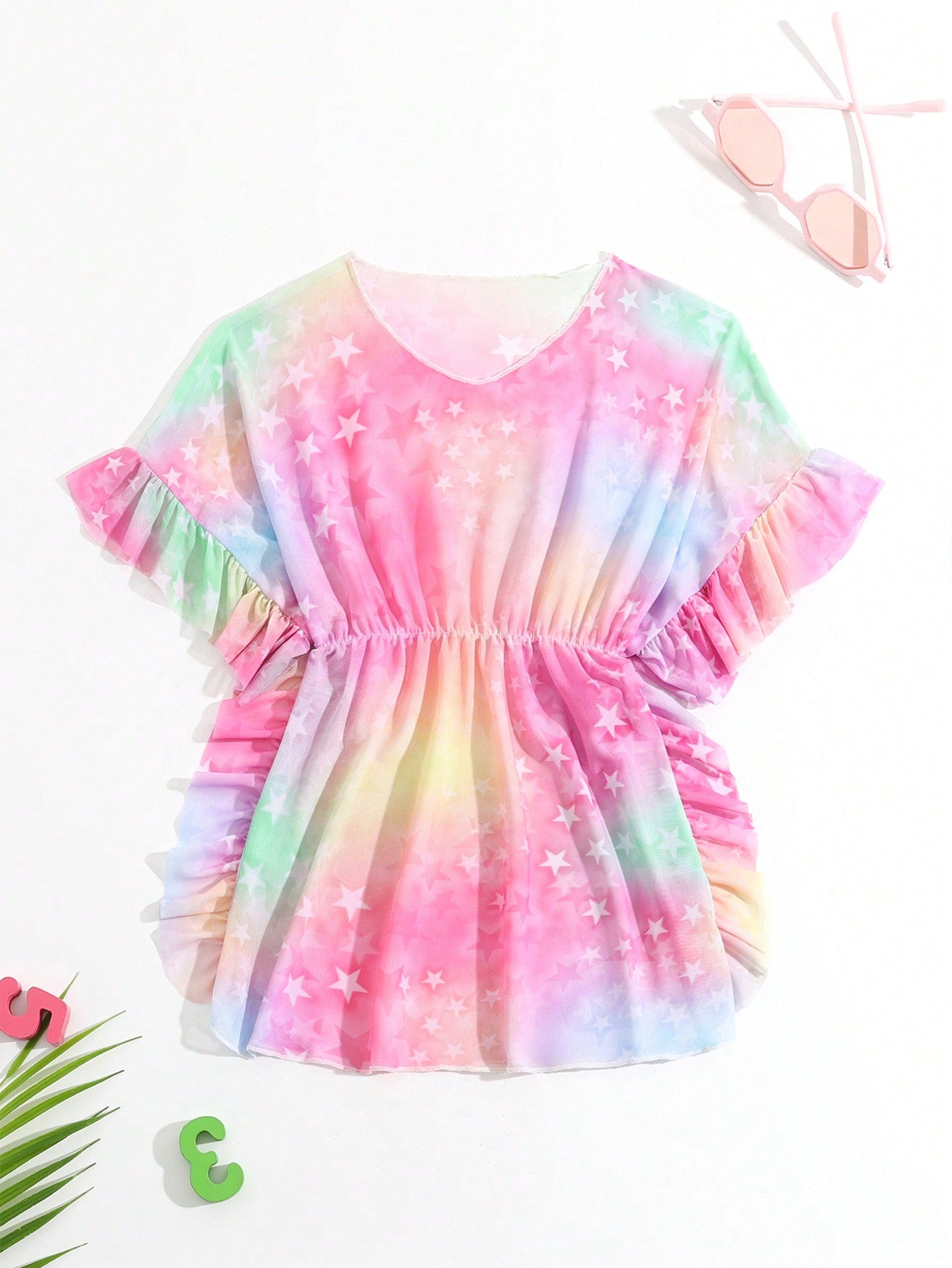 Young Girl Tie Dyeing Five-Pointed Star Pattern Ruffle Hem Cover Up