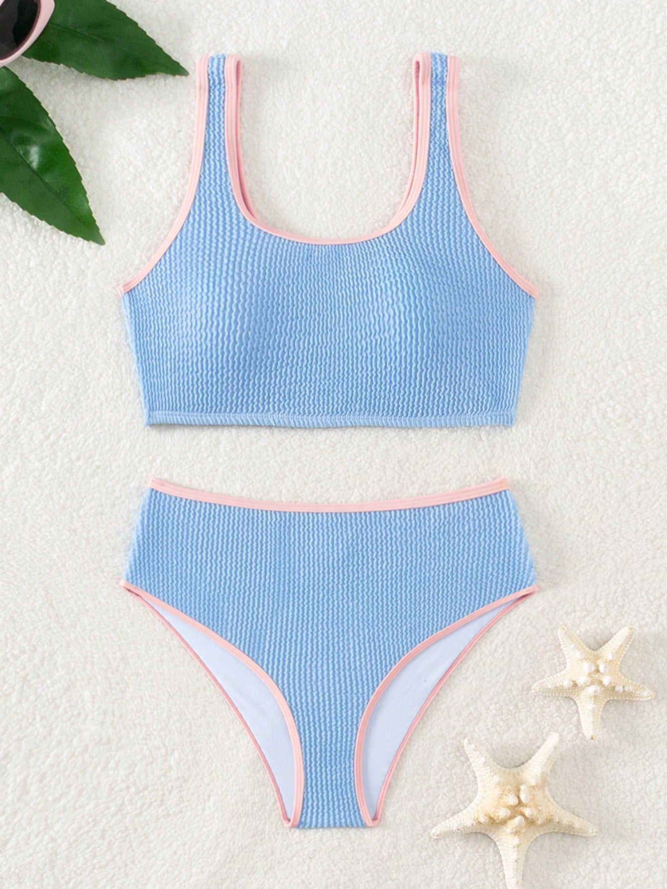 Tween Girl Color Block Bikini Set With Edging And Ripple Textured Pattern