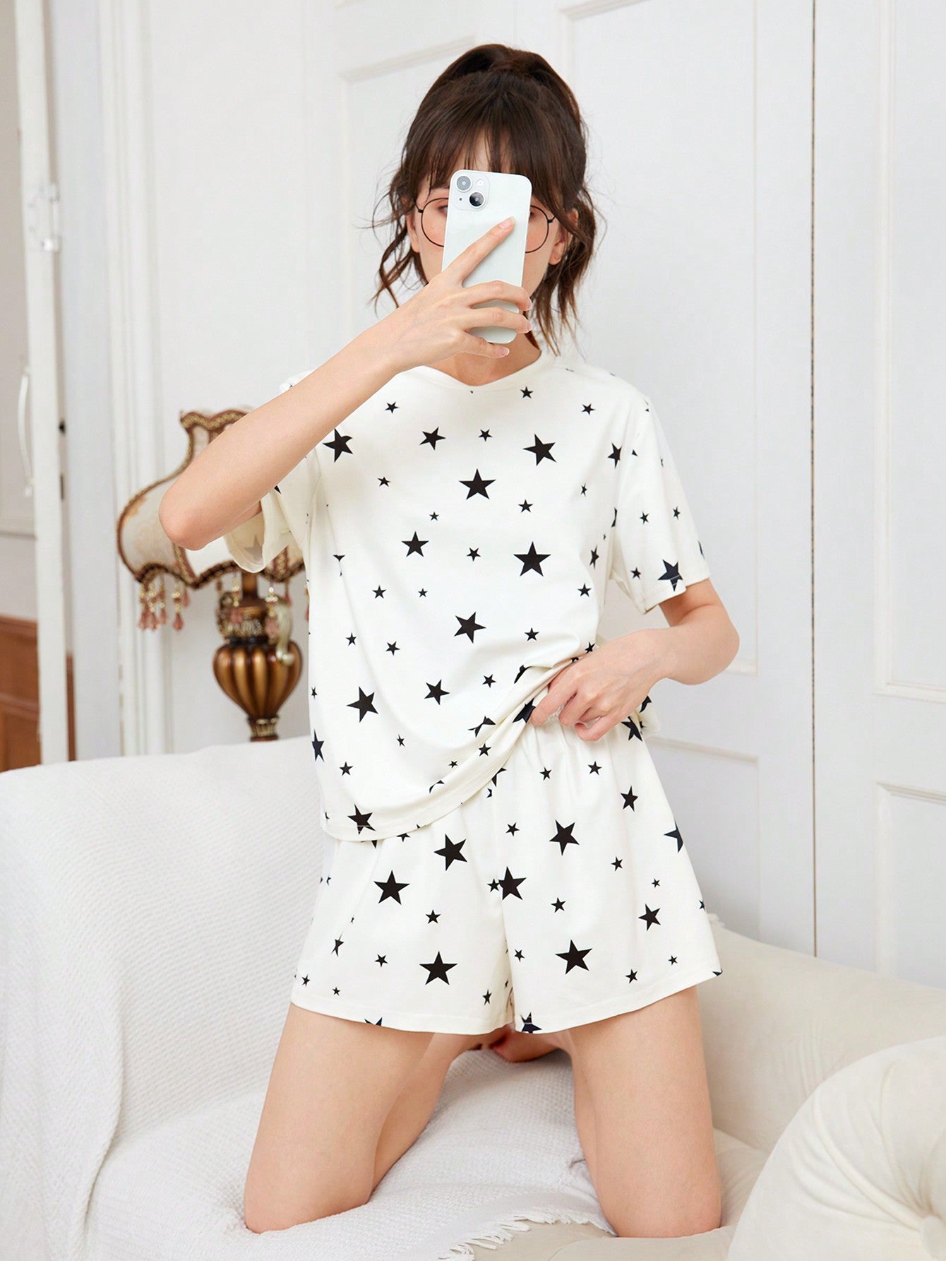 Teen Girls' Knitted Star Printed T-Shirt And Shorts Pajama Set, Casual