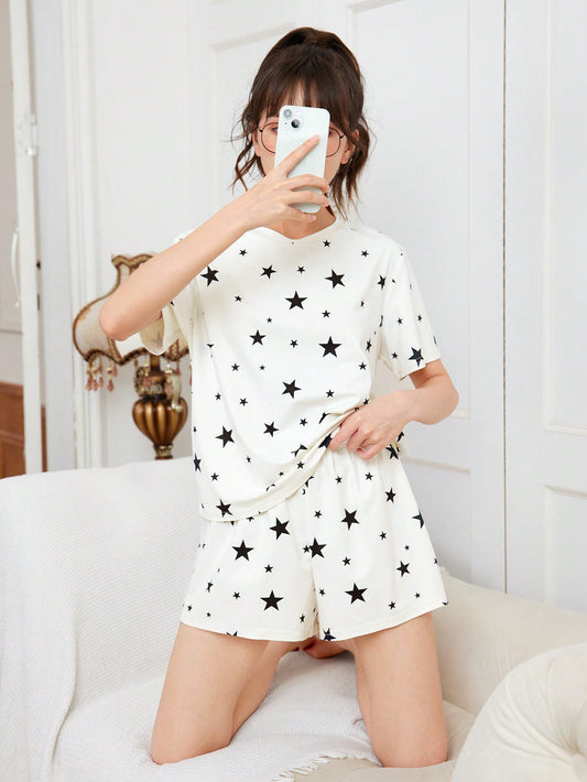 Teen Girls' Knitted Star Printed T-Shirt And Shorts Pajama Set, Casual