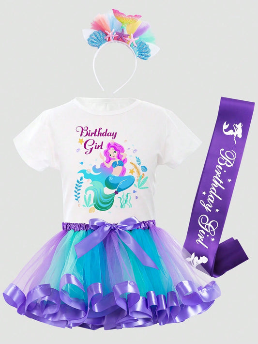 Young Girl Happy Birthday Short Sleeve T-Shirt & Blue Mesh Tutu Skirt Outfit Set, Including Headband & Ribbon