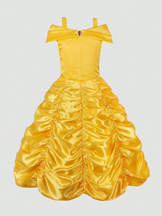 Young Girl Yellow Pleated Detail Princess Formal Dress