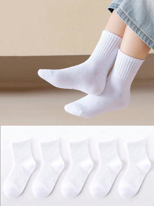 5pairs Children's Solid Color Round Neck Socks, Breathable Mesh Design For Daily Wear