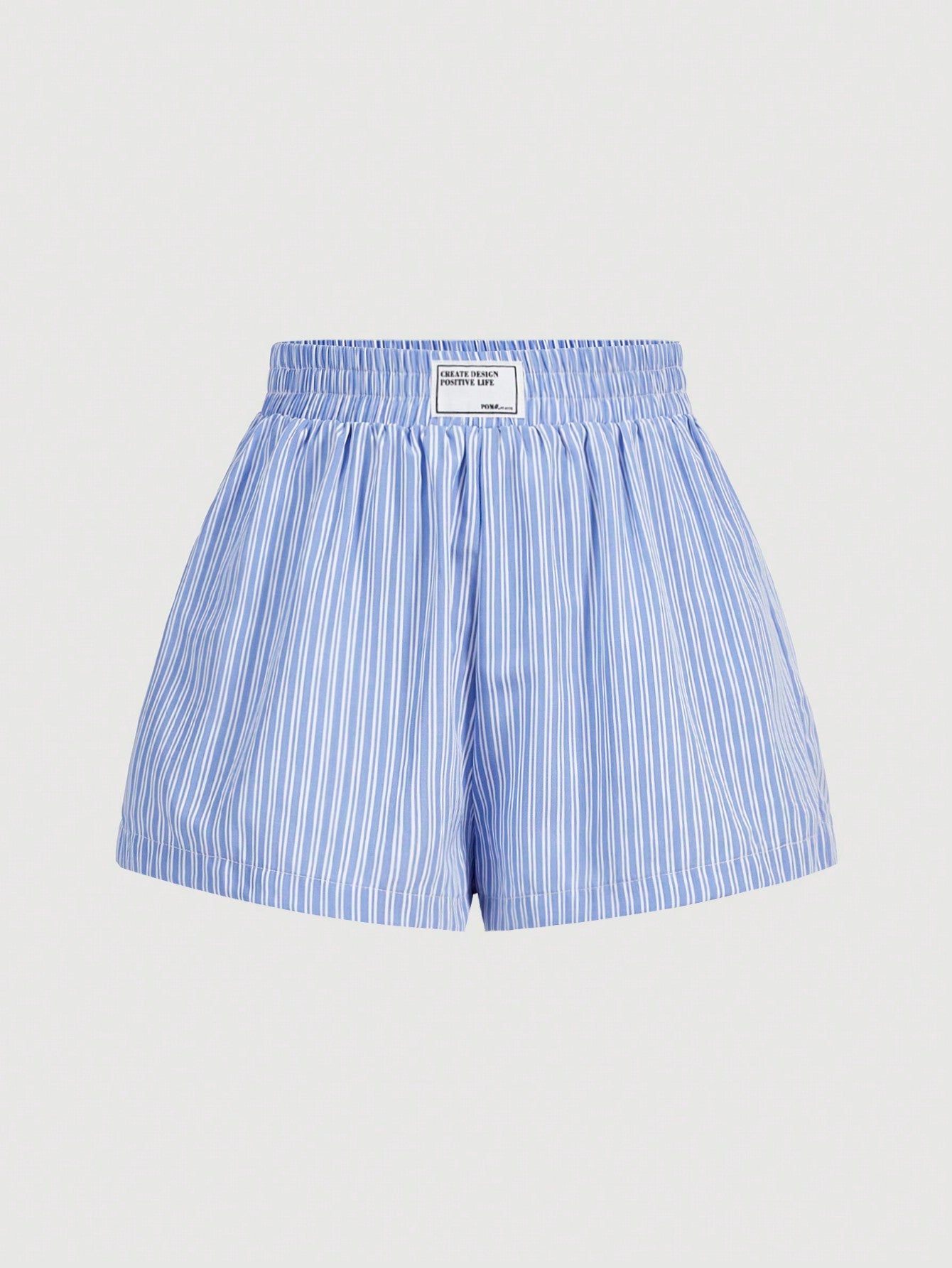 Women's Blue & White Striped Elastic Waistband Shorts With Letter Patch Decoration