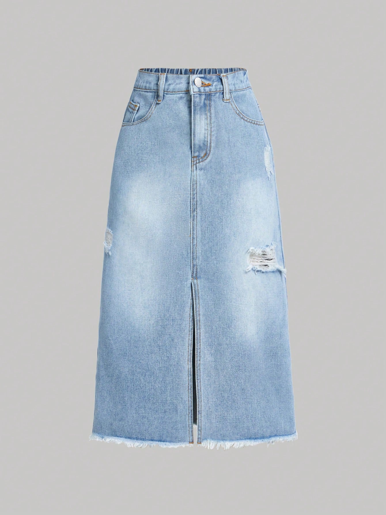 Tween Girls' Spring/Summer Distressed Denim Skirt With Frayed Hem And Split