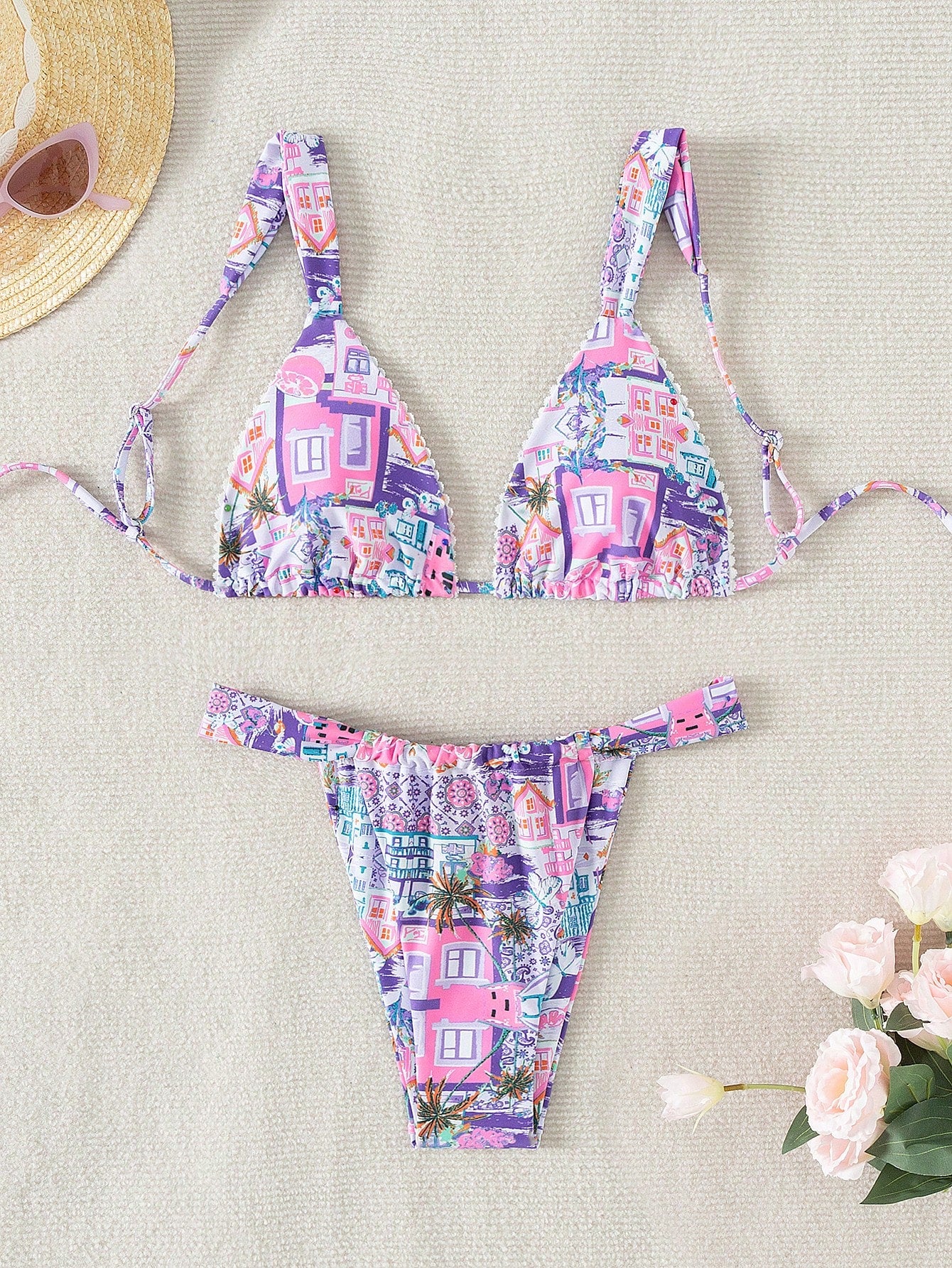 Swim Summer Beach Women's Coconut Tree & Fruit Printed Bikini Set