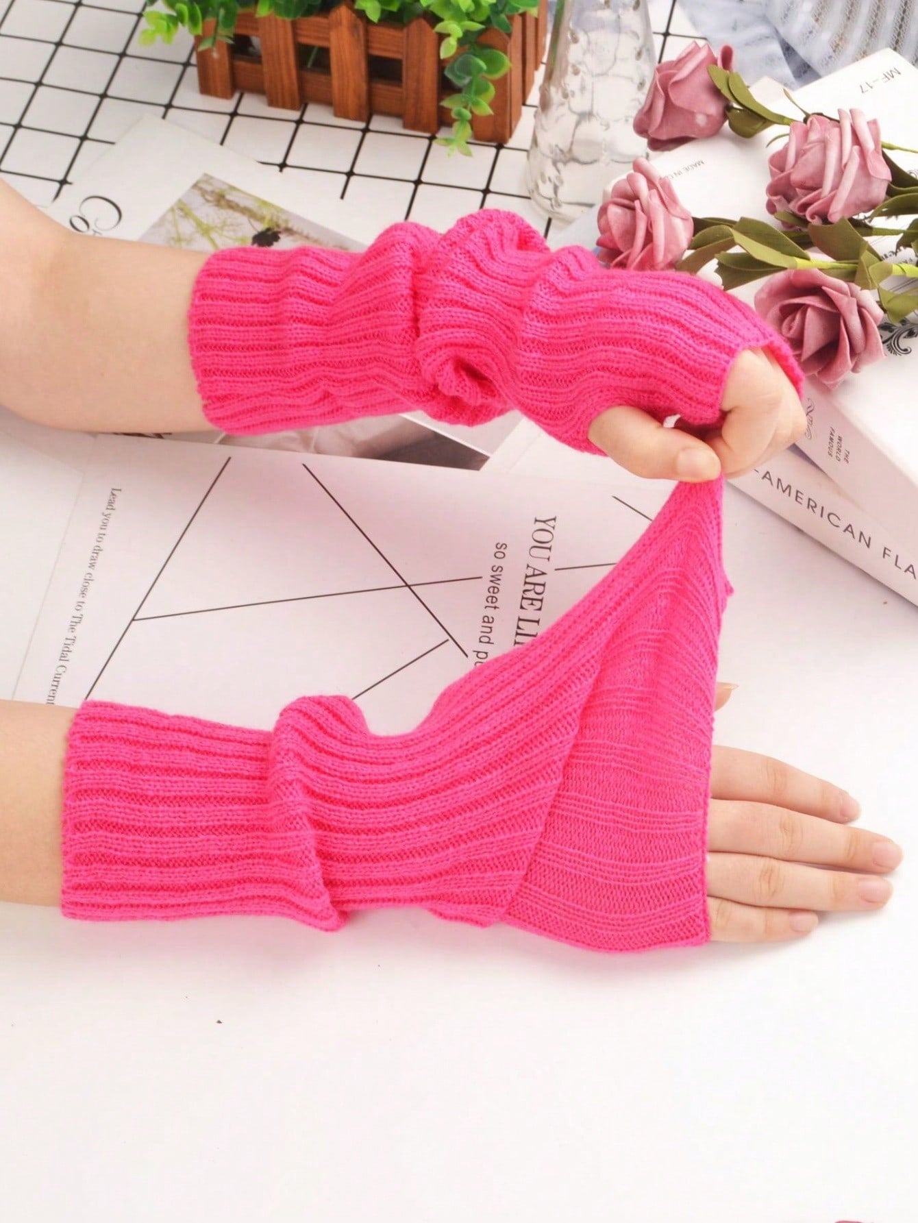 1pair Knitted Gloves & Striped Arm Warmers Set For Winter