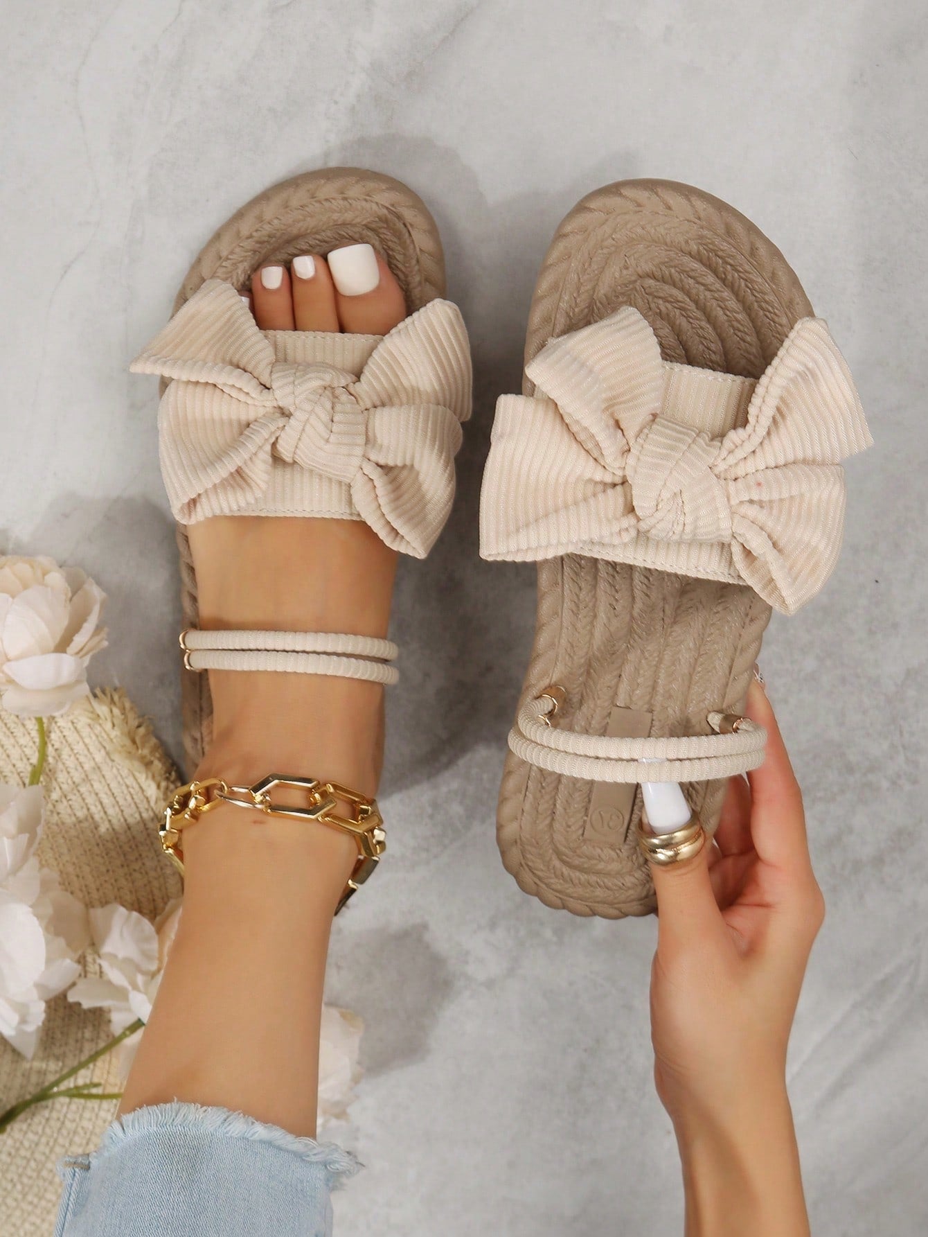 Women Ribbed Knit Bow Espadrille Open Toe Slide Sandals, Vacation Outdoor Polyester Flat Sandals