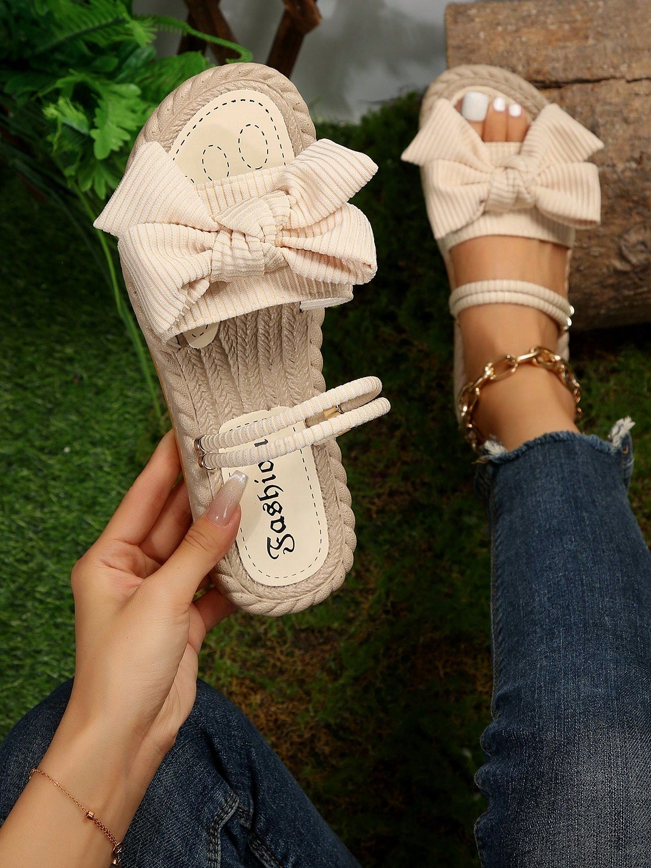 Women Ribbed Knit Bow Espadrille Open Toe Slide Sandals, Vacation Outdoor Polyester Flat Sandals