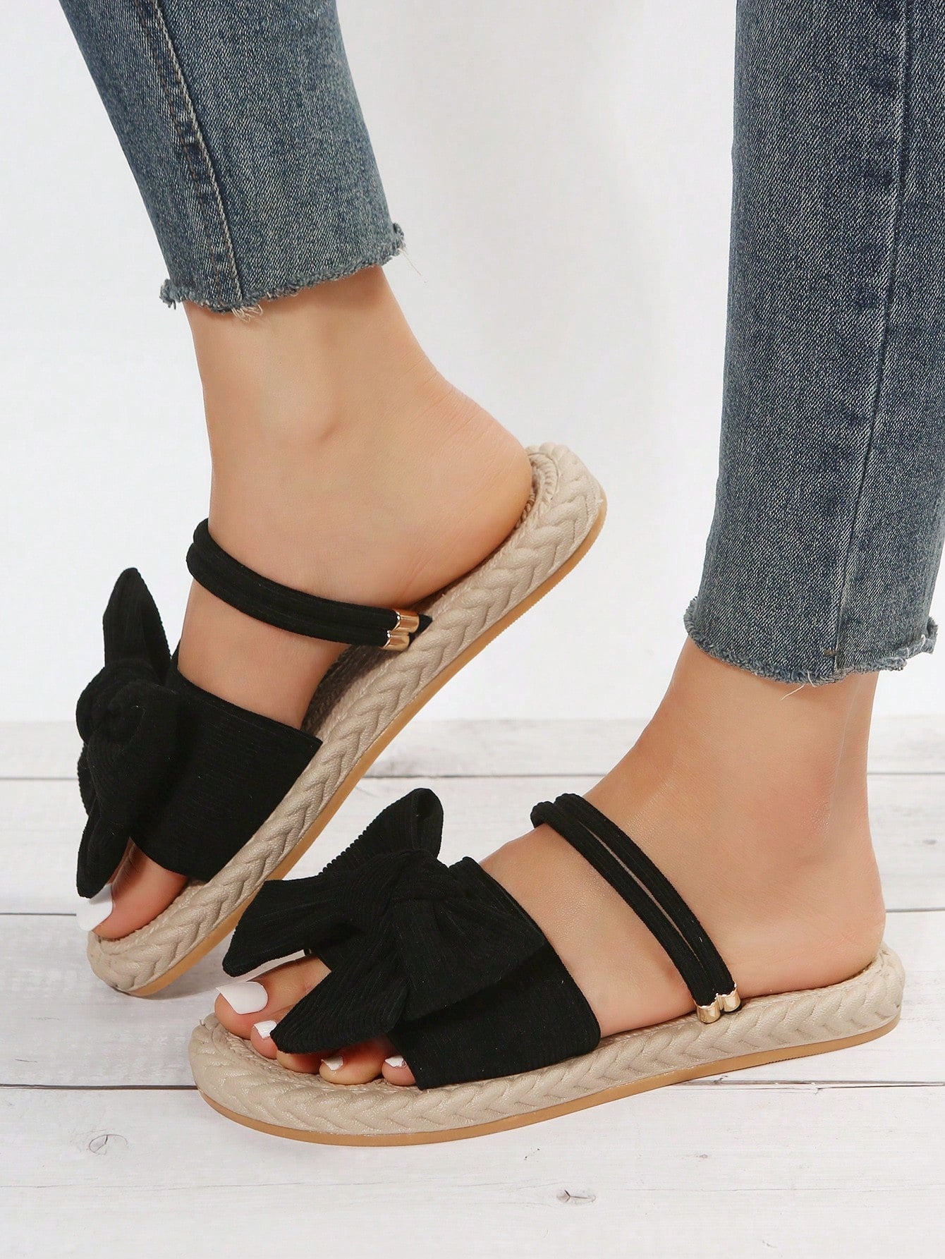 Women Ribbed Knit Bow Espadrille Open Toe Slide Sandals, Vacation Outdoor Polyester Flat Sandals