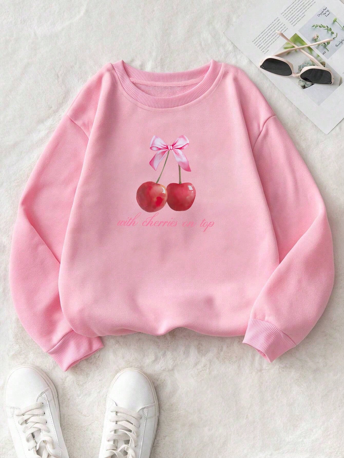 Cherry Printed Round Neck Casual Sweatshirt With Drop Shoulder