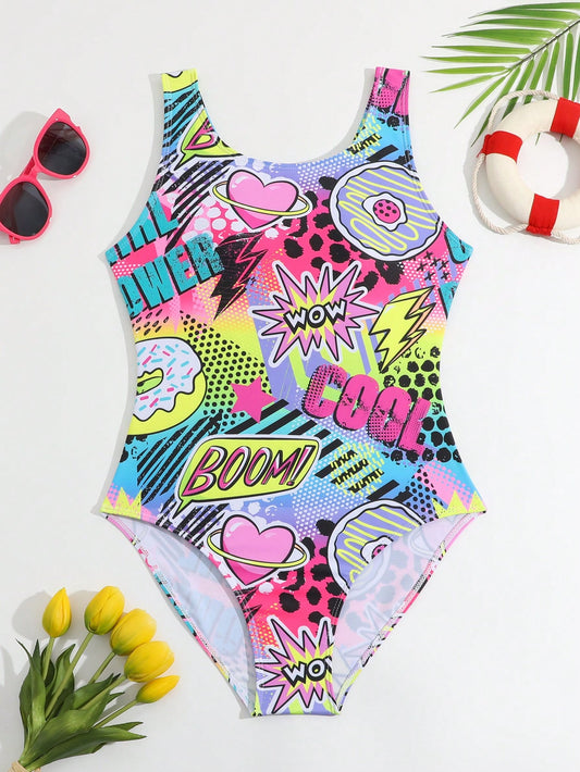 Teenage Girl Random Printed One-Piece Swimsuit, For Summer, Beach, Swimming Pool