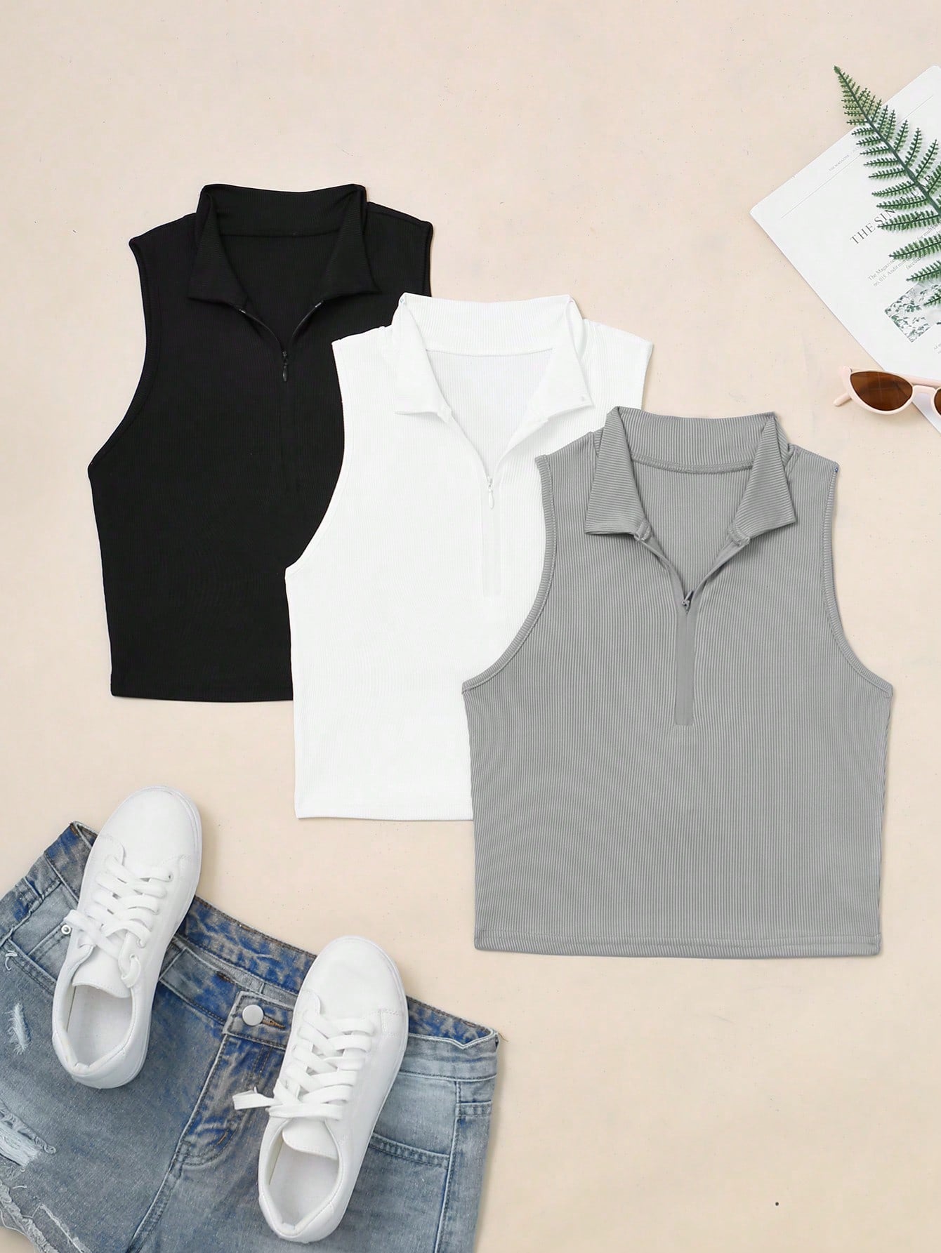 White Half-Zip Stand Collar Slim Fit Tank Top For Summer