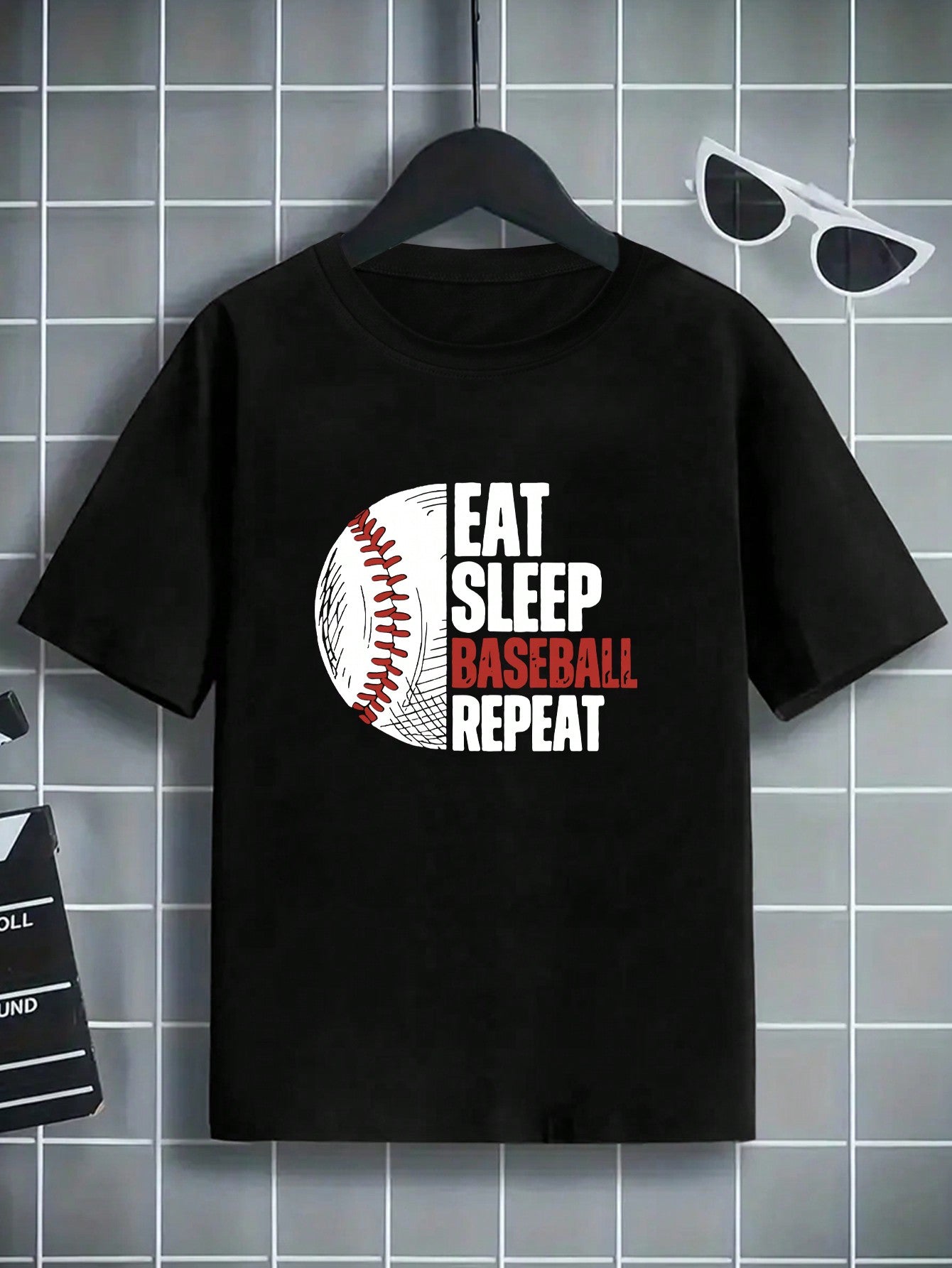 Tween Boy Casual Slogan Baseball Printed Black Round Neck Short Sleeve T-Shirt Summer Top