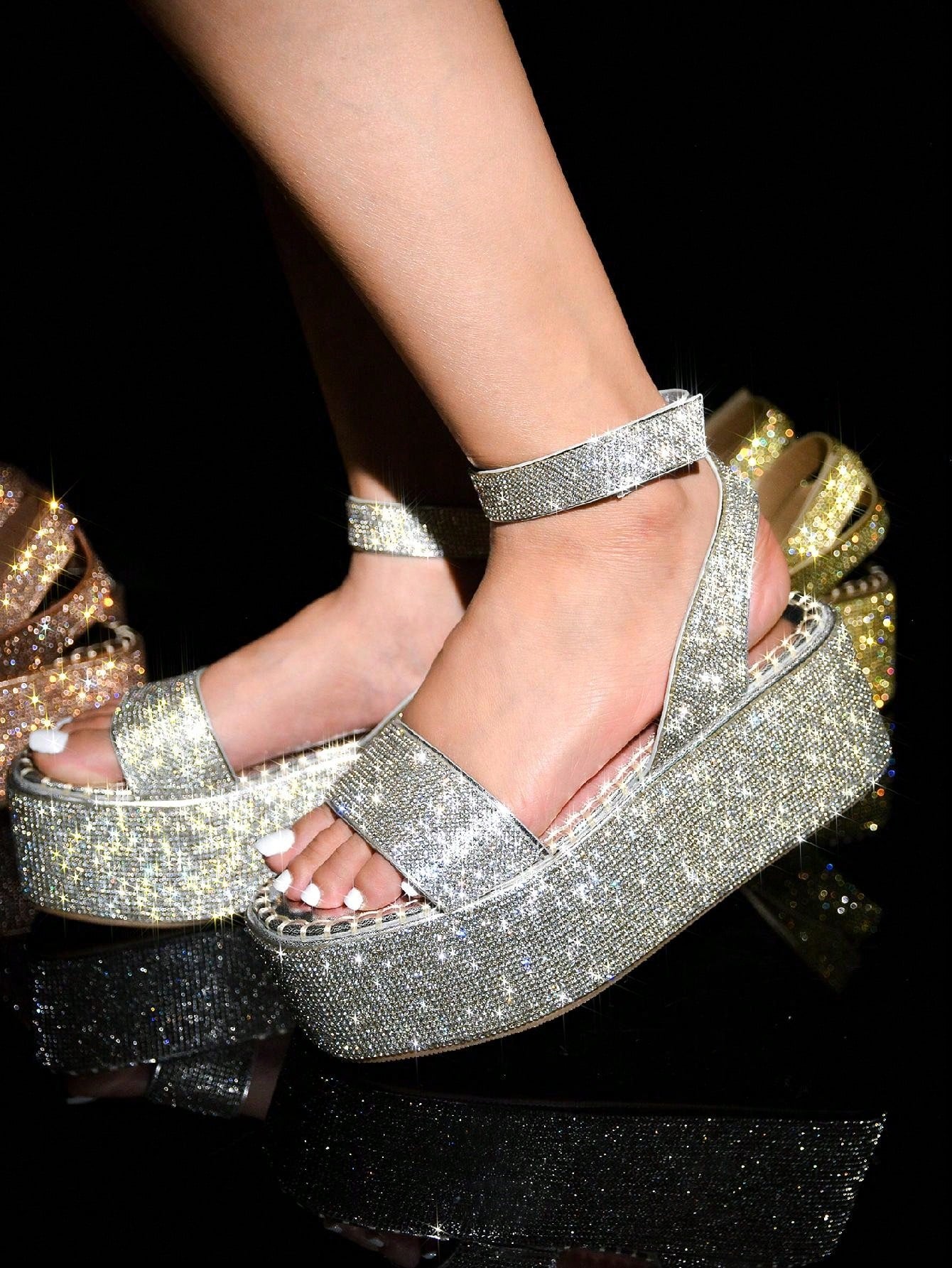 Yolande Rhinestone Glitter Ankle Strap Flatform Sandals