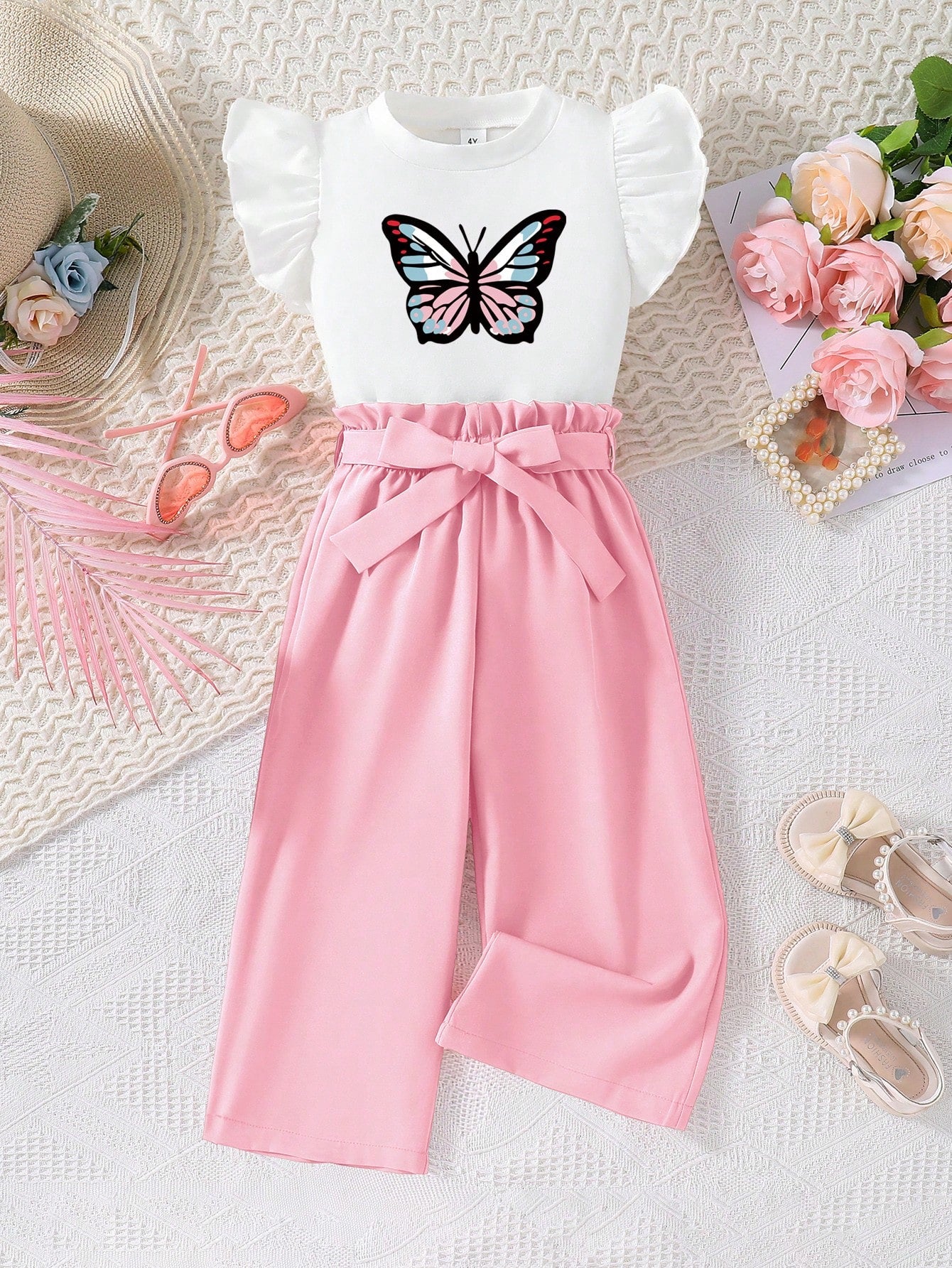 Young Girls' Butterfly Pattern Printed Ruffle Hem Short Sleeve T-Shirt And Paper Bag Waist Pants With Belt