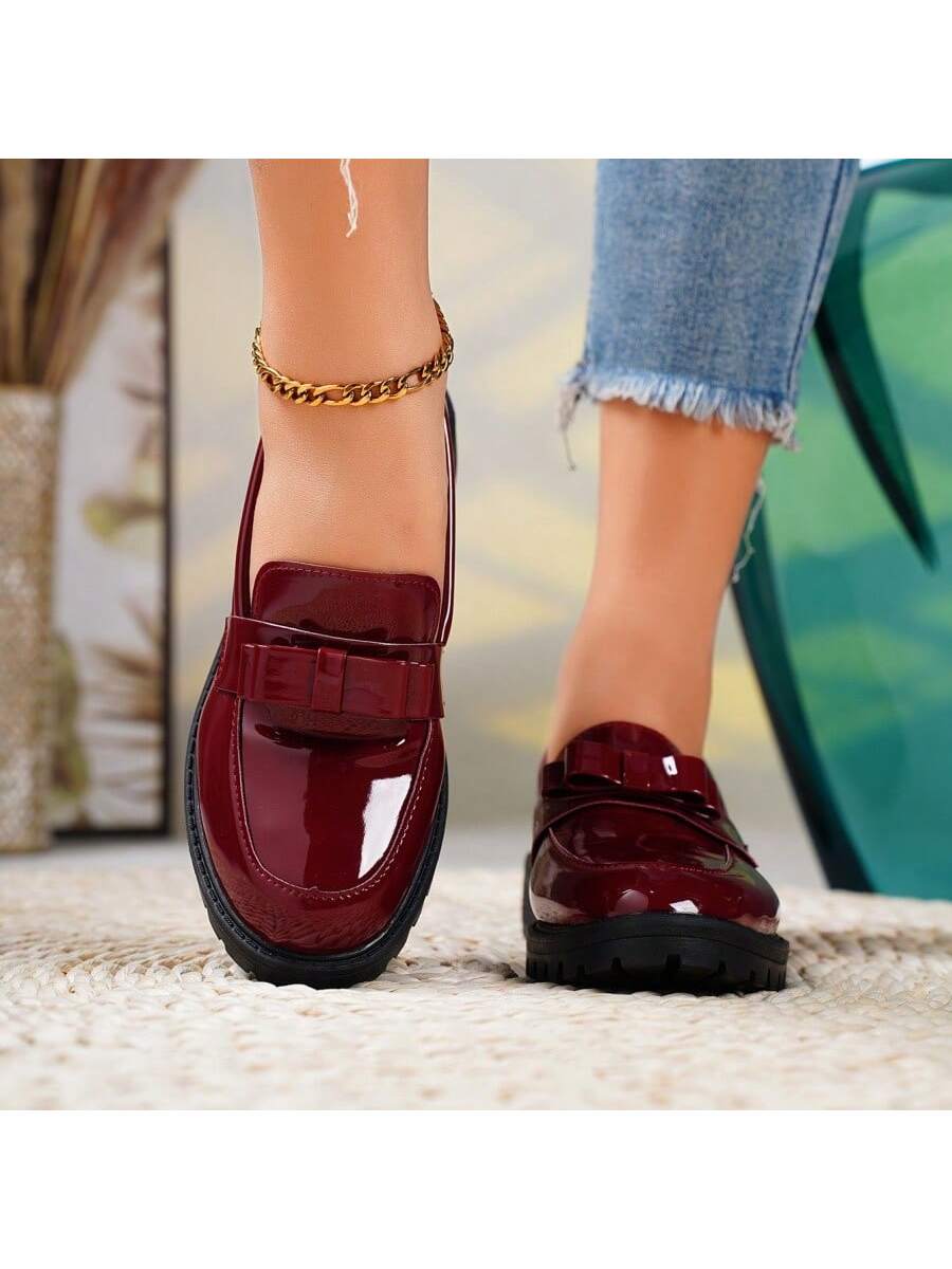 British Style Women's Leather Loafers With Bow-Knot Decor, Chunky Heel Pumps, Spring & Autumn New Arrival