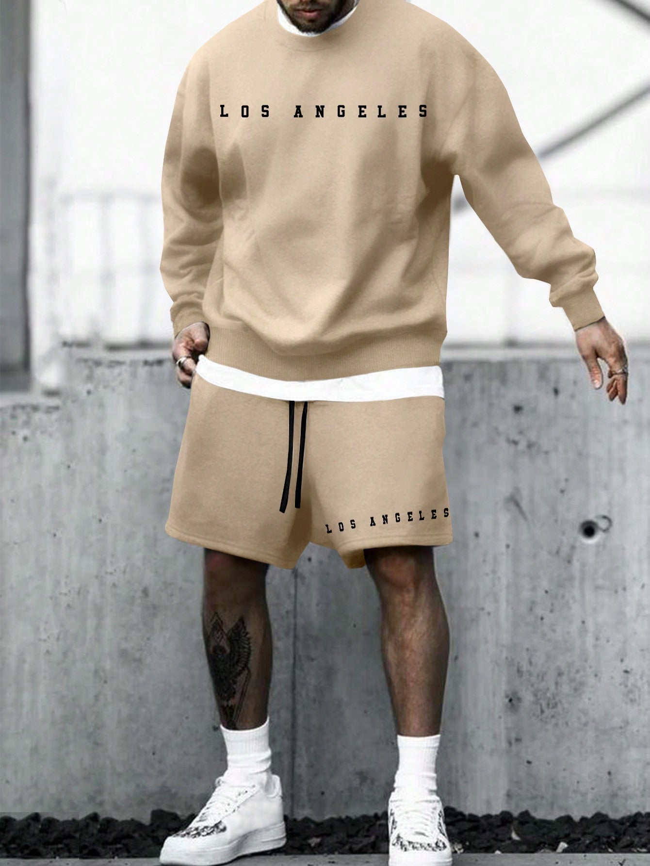 Men's Letter Print Pullover Hoodie And Drawstring Waist Shorts Set