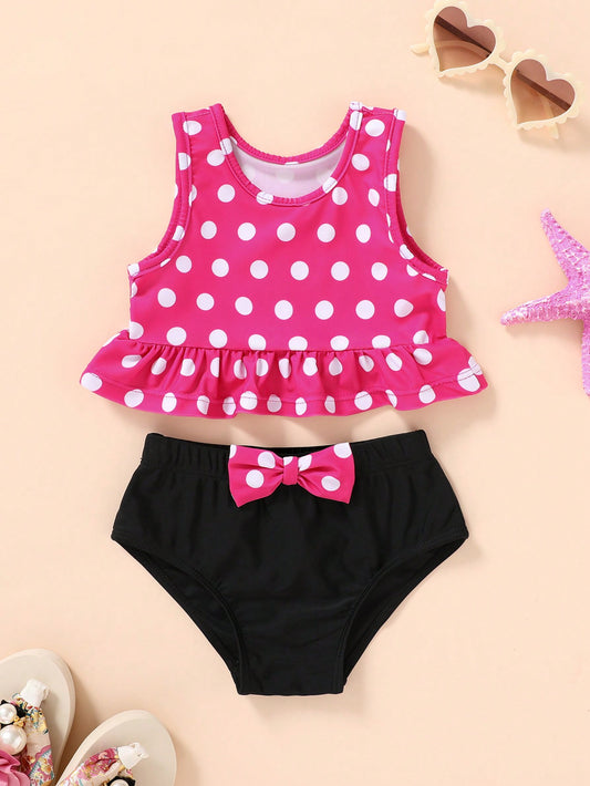 Young Girl Summer 2pcs/Set Polka Dot Swimsuit With Separated Top And Bottom For Swimming Pool