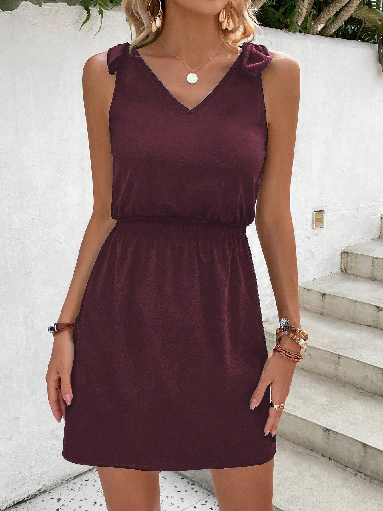 Solid Color Sleeveless Waist-Cinched Dress