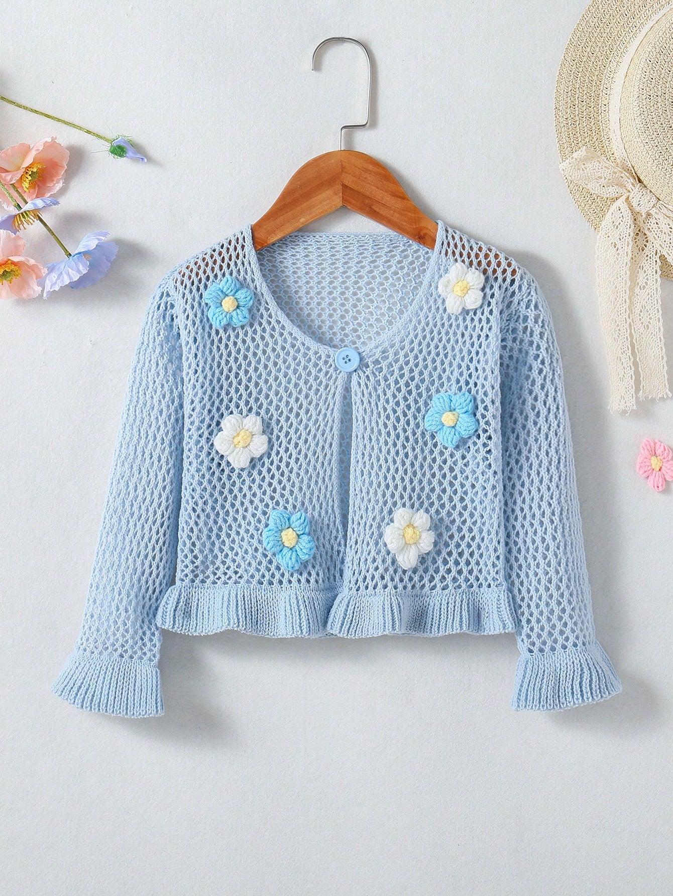 Young Girls' 3d Flower Decor Hollow Knit Cardigan