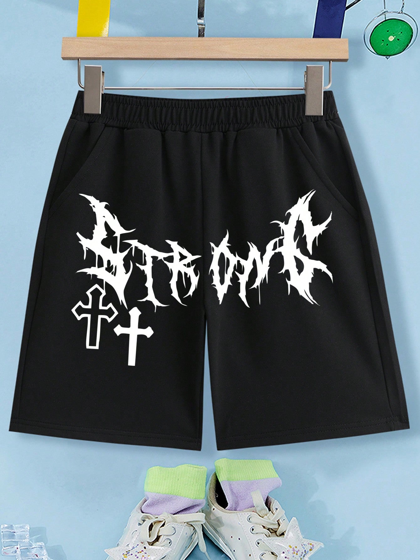 Tween Boy Elastic Waist Shorts With Letter And Cross Printed Detail