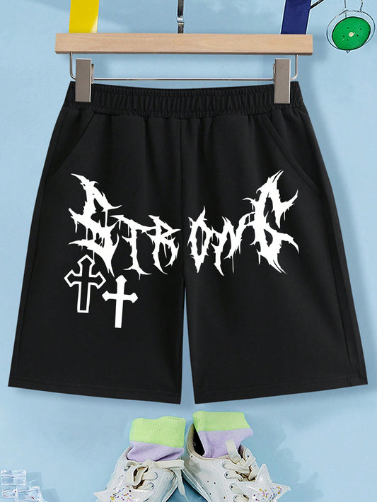 Tween Boy Elastic Waist Shorts With Letter And Cross Printed Detail