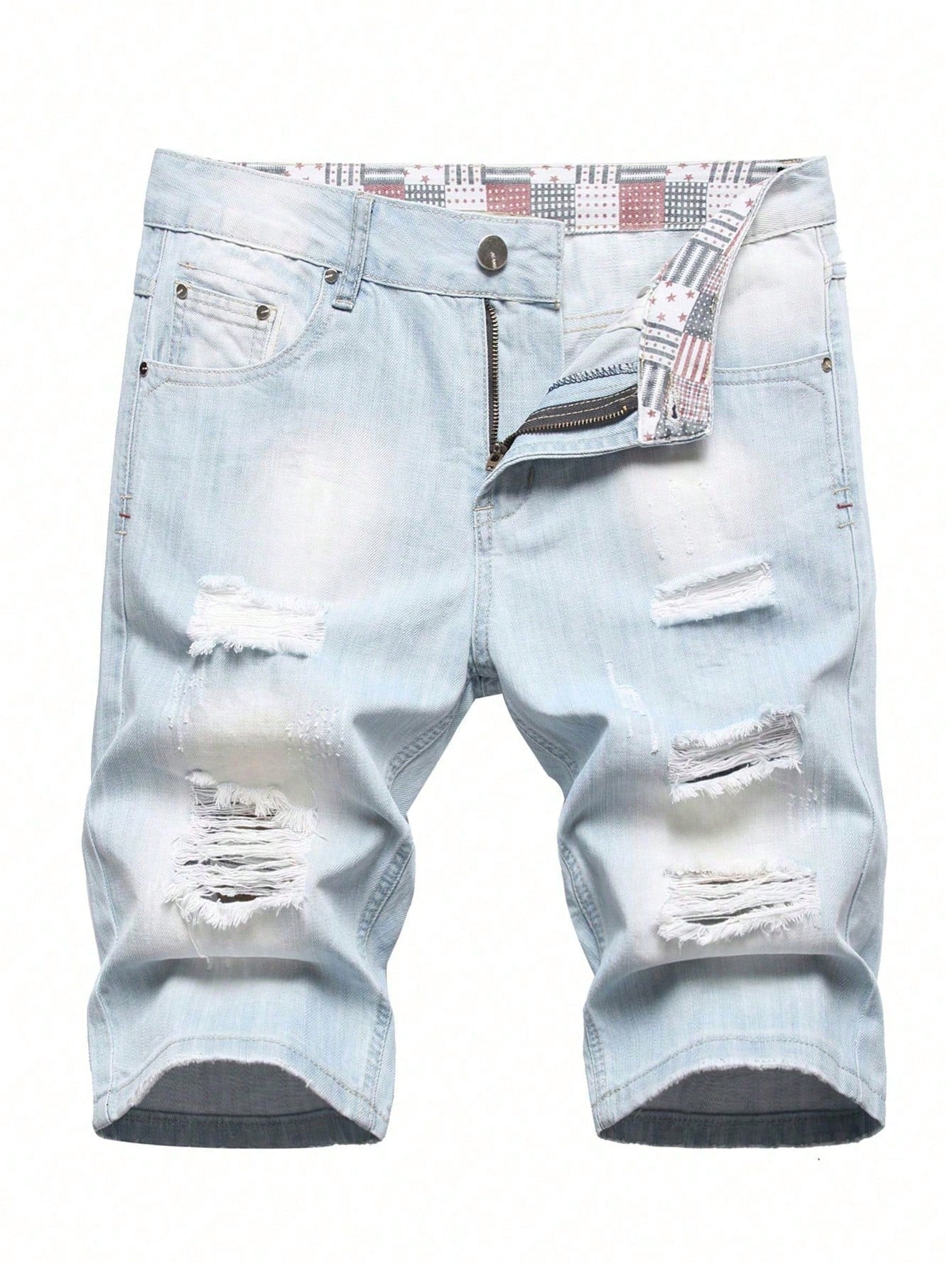 Men Graphic Print Ripped Roll Up Hem Denim Shorts