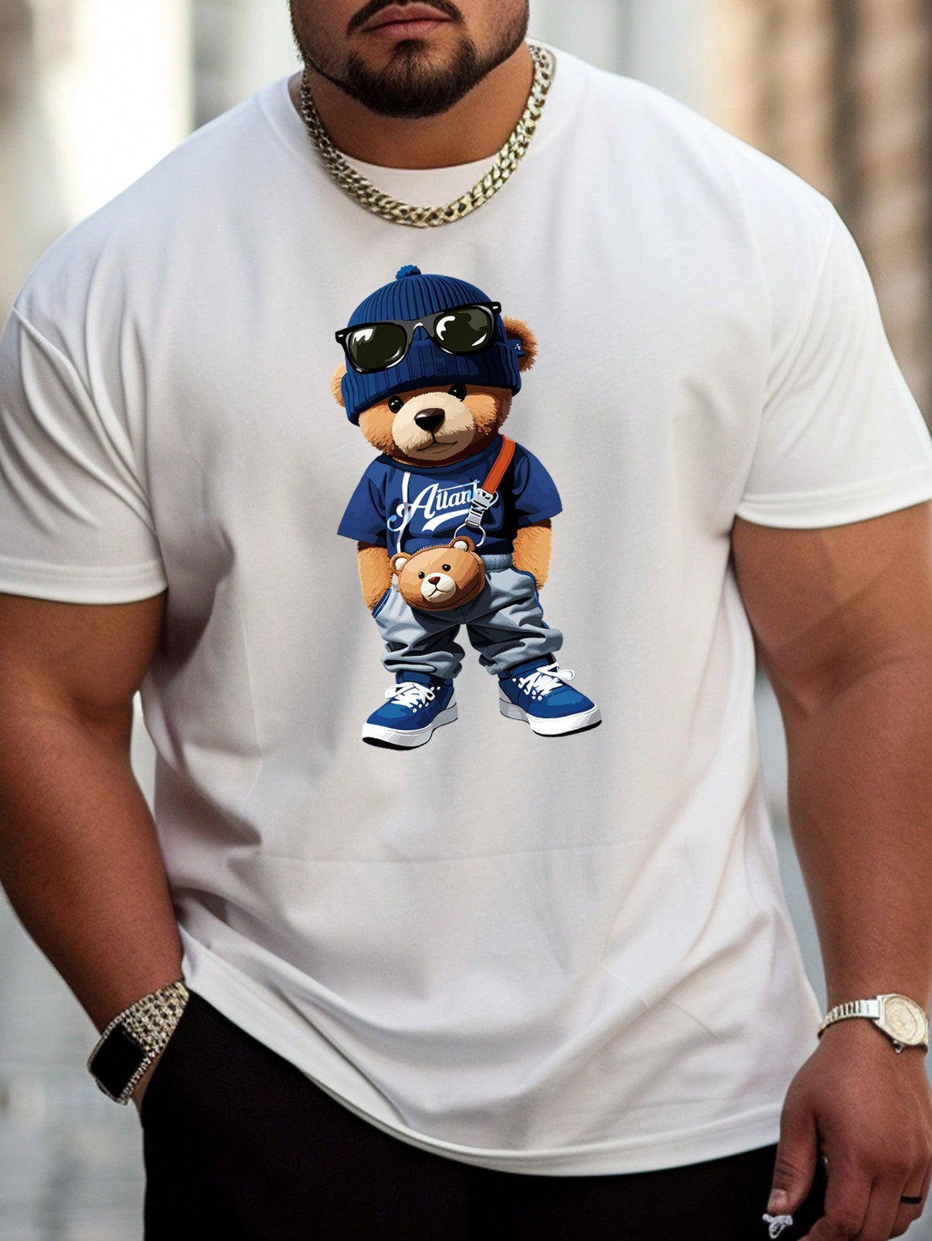 Men's Plus Size Cartoon Bear Printed Knitted Round Neck Short-Sleeved T-Shirt