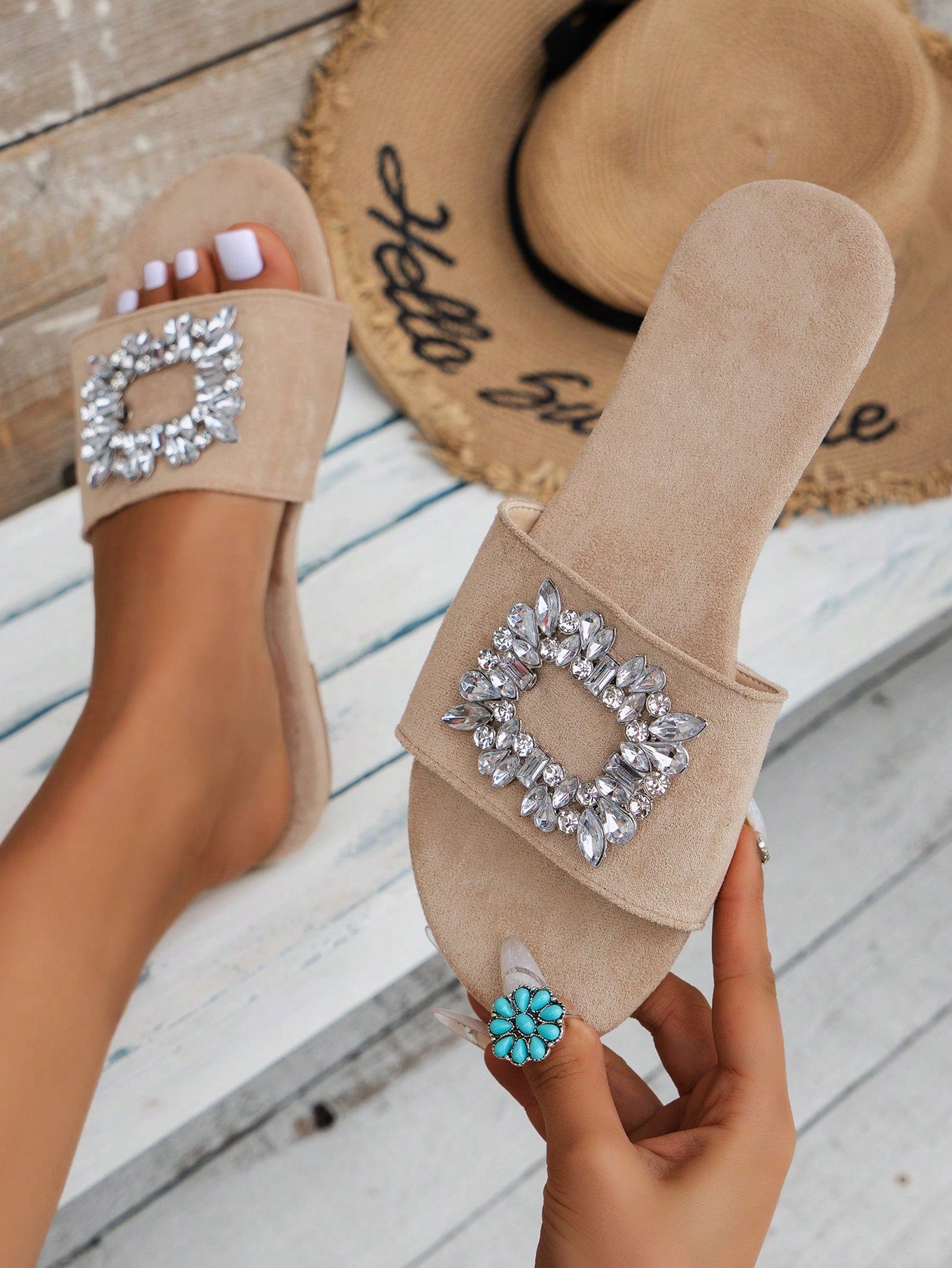 Beach Vacation Rhinestone Square Buckle Silver-Color Transparent Flat Women's Sandals