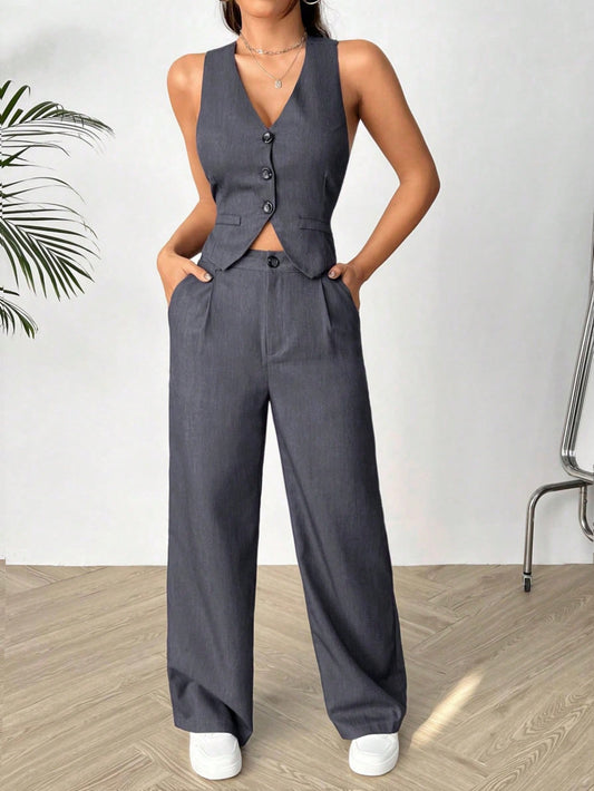 Women's Cross Back Sleeveless Blazer Vest And Pants Set