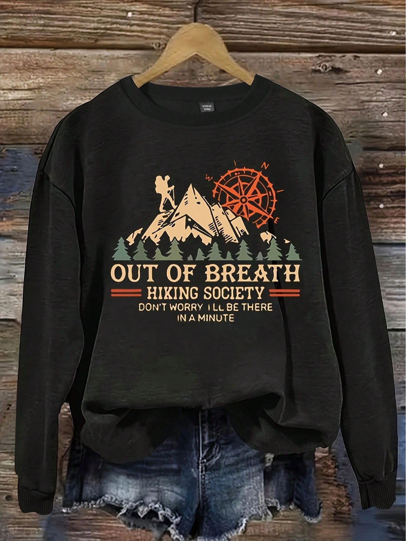 Women's Plus Size Mountain Climbing Slogan Printed Round Neck Loose Fit Long Sleeve Sweatshirt