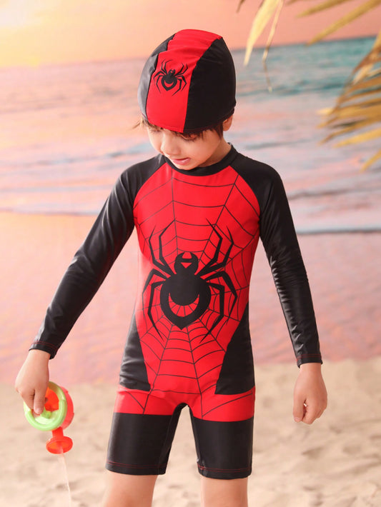 Young Boy Spider Print One-Piece Swimsuit With Free Swimming Cap, Long Sleeve Bathing Suit Beach Outfit Rash Guard Summer Vacation