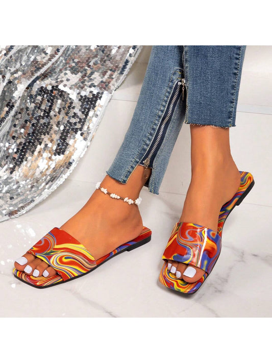 European And American New Fashion Square Toe Flat Slippers For Women, Popular Colorful Design