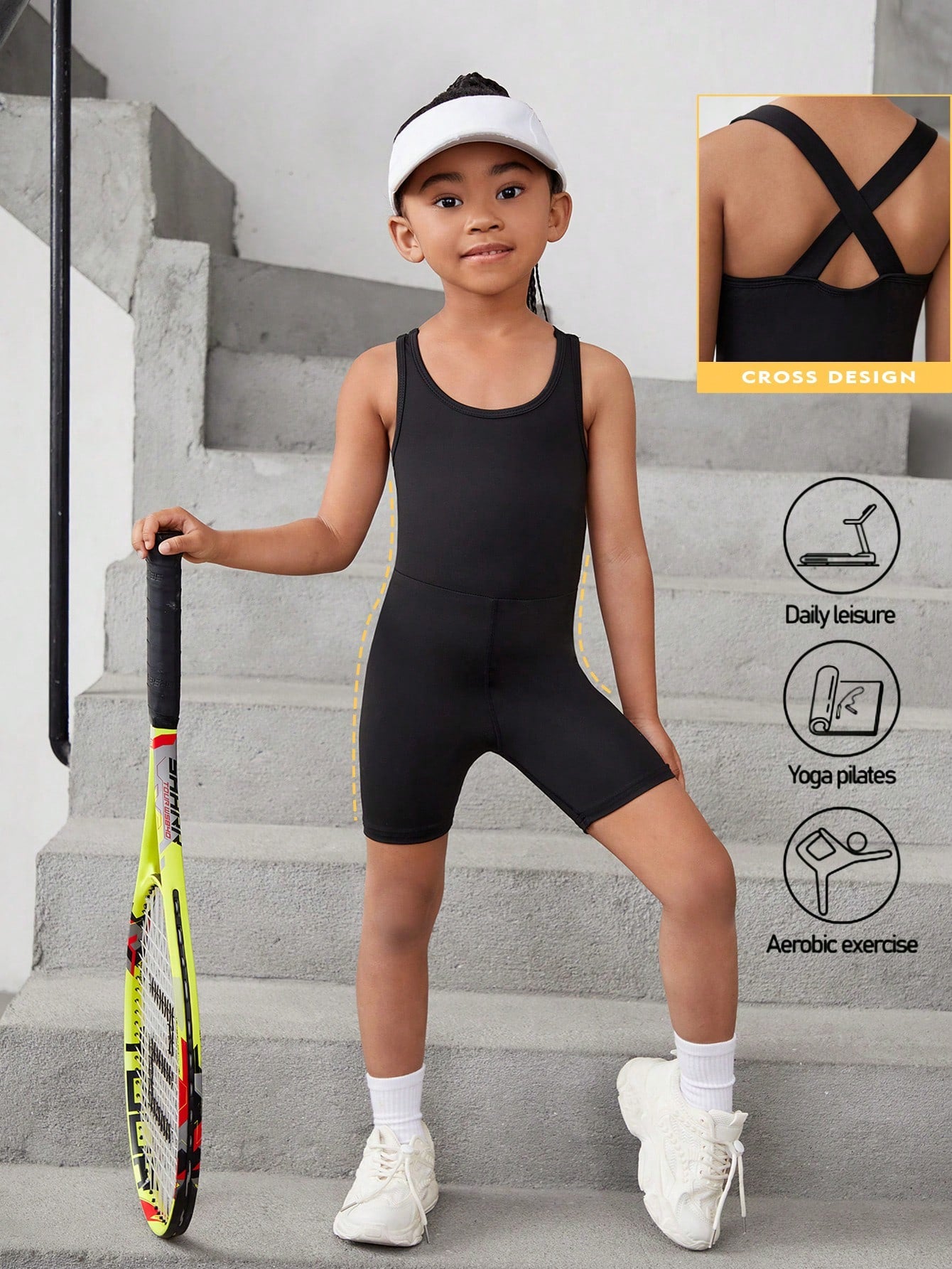 Young Girl Solid Color Back Crossed Strap Sports Romper